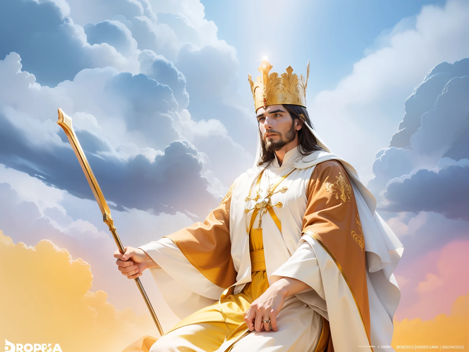 Jesus Cristo vestido como um sacerdote e rei. Com uma linda coroa de ouro. Image with very high lighting quality, Very high resolution image, imagem hiperdetalhada, image with very high coloration.