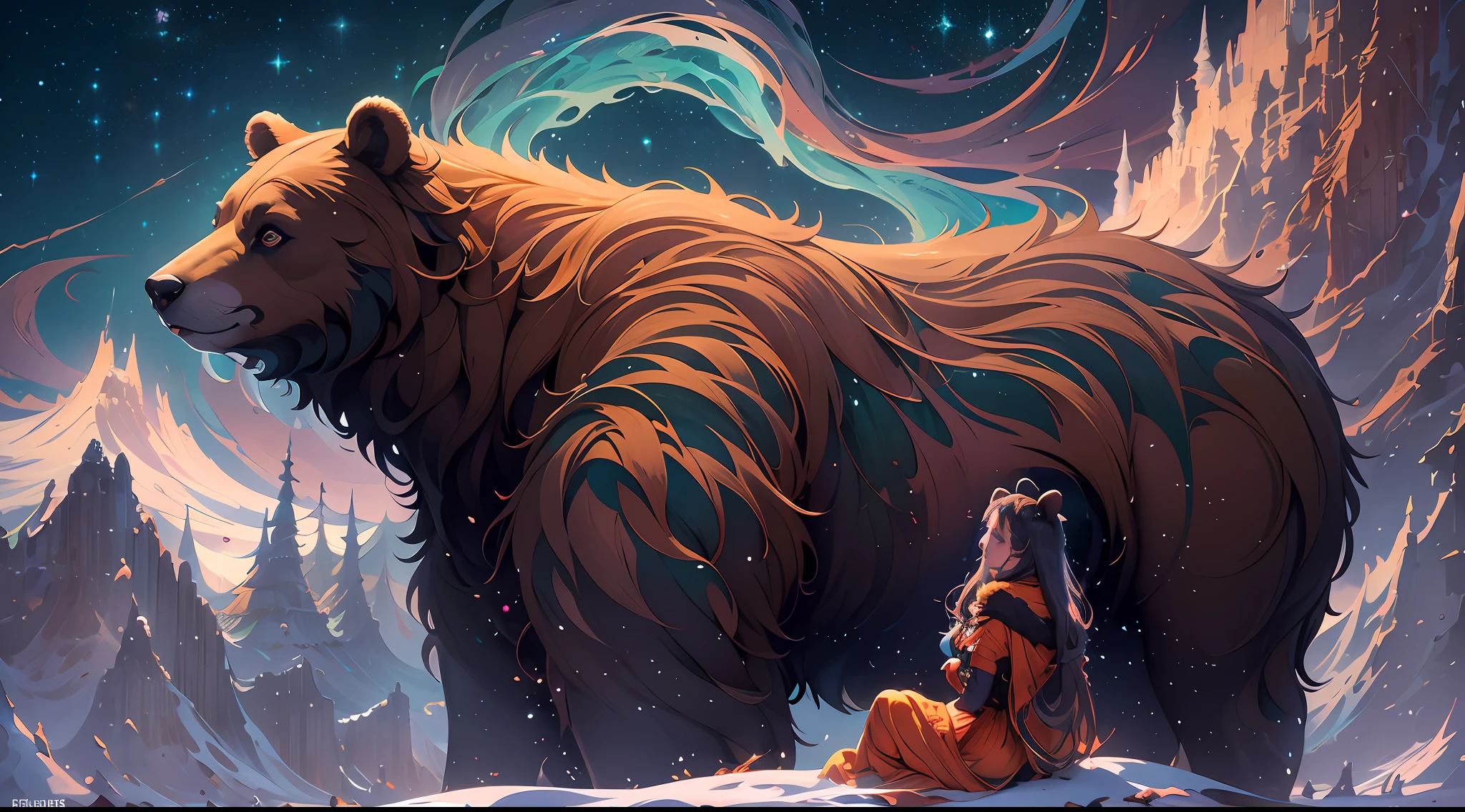 Beneath the mystical glow of the Northern Lights, a young woman reclines gracefully on the back of a majestic brown bear. They rest on a bed of soft, luminescent moss that emits an otherworldly light. The environment is a blend of fantasy and reality, with towering crystalline formations and exotic plants surrounding them. The air is filled with a subtle hum, and distant ethereal music adds to the enchanting atmosphere. The woman and the bear share a connection that transcends the ordinary, their bond resonating with the magic of the scene. The style chosen is that of an intricate digital painting, combining vibrant colors and intricate details to bring the fantastical elements to life. Executed using a high-resolution digital tablet and painting software, allowing for precise control over every brushstroke