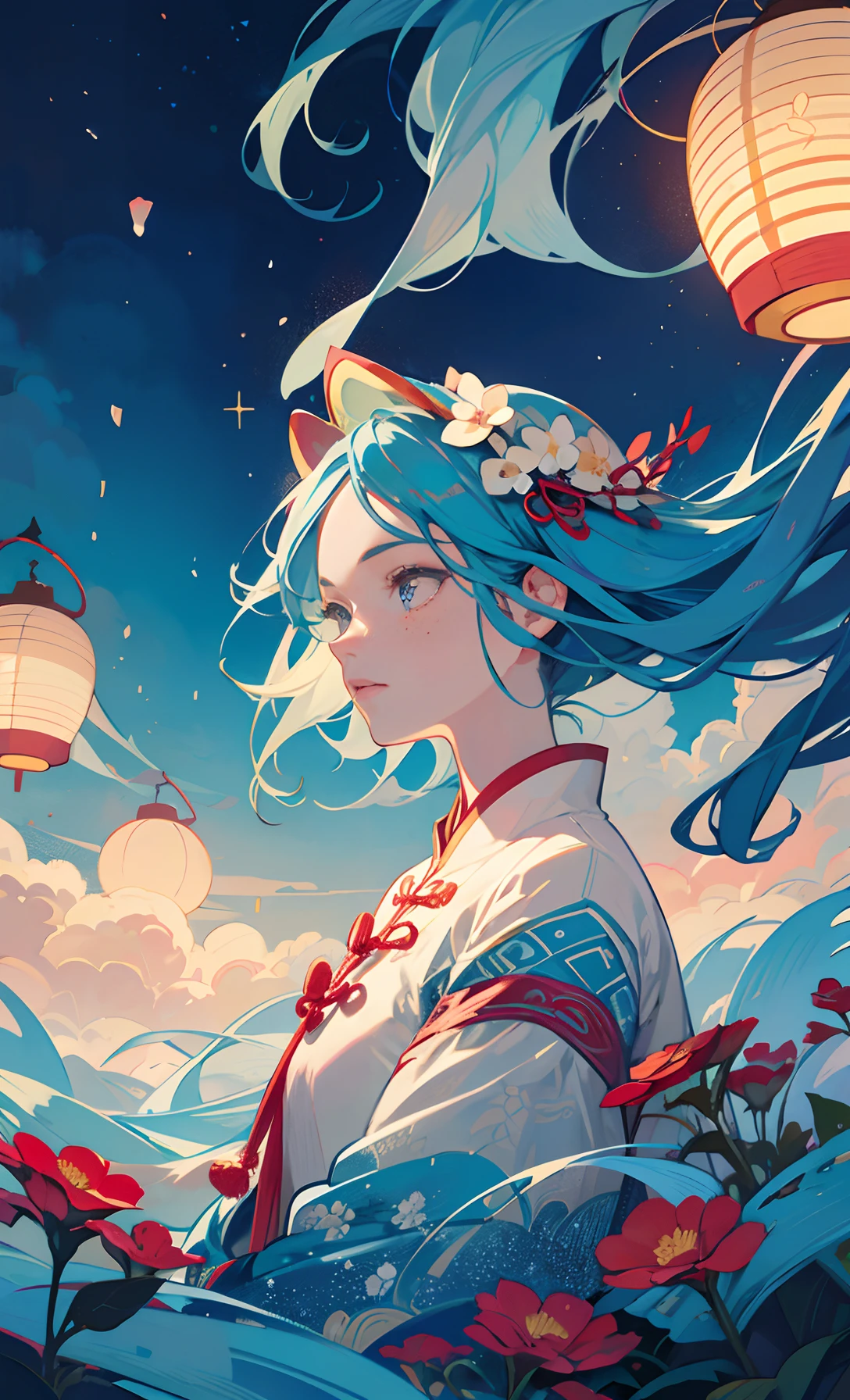 ((걸작)), ((hyper detailed)), ((best qualiy)), beautifully detailed eyes, Detailed face, The best lighting, The best shades, Traditional girls wear rich ancient hair accessories, Exaggerated perspective,solo, ((Classic Disney style, edgelighting, Flat 2D style, Disney 2D)), ((The main colors are blue and red)), Huge lanterns,Girl in a lantern, Bubble Island, Floral Paradise, A world made of flowers, freckles, Cold nose, (((Bubbles))), Marbles,Chinese wind, (highly detailed), Whirlpool effect,