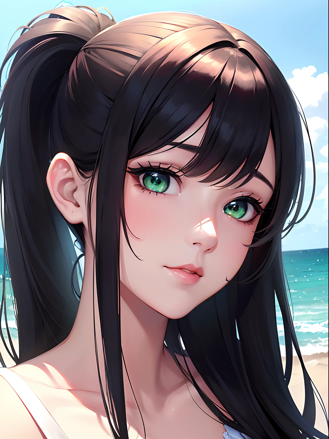 NFSW, 1 Lady,  Face, (((1 Lady:1.37, Solo))), (((Close-up of the face))), (Beautiful face, Cute face, Detailed face), ((( Black hair, Semi-long hair, Hair pulled back, side poneyTail))), (((Detailed beautiful green eyes))),toppless,  BREAK, (((Sunny))), (((in beach))), extremely detailed CG unified 8k wallpaper, very fine 8KCG wallpaper, anime moe art style, Anime visuals of cute girls, anime style portrait, In an anime style, Beautiful anime, 8K Anime Art Style, In anime style、8K animation with detailed drawings, (​masterpiece, Best Quality), High resolution, Ultra-detailed, ultra-sharp, Cinematic lighting