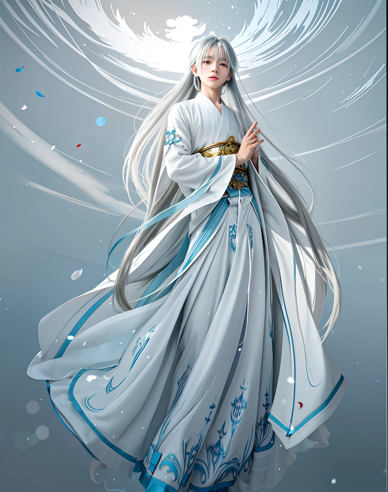 Anime - Stylistic image of a little boy in a white dress and a blue dress, Long white hair without bangs, Male god Flowing magic robes, A piece of talisman paper is clipped between the index and middle fingers,Beautiful celestial mage, Chinese fairy style, Flowing white robe,, heise jinyao, Palace , A young boy wearing Han clothes,