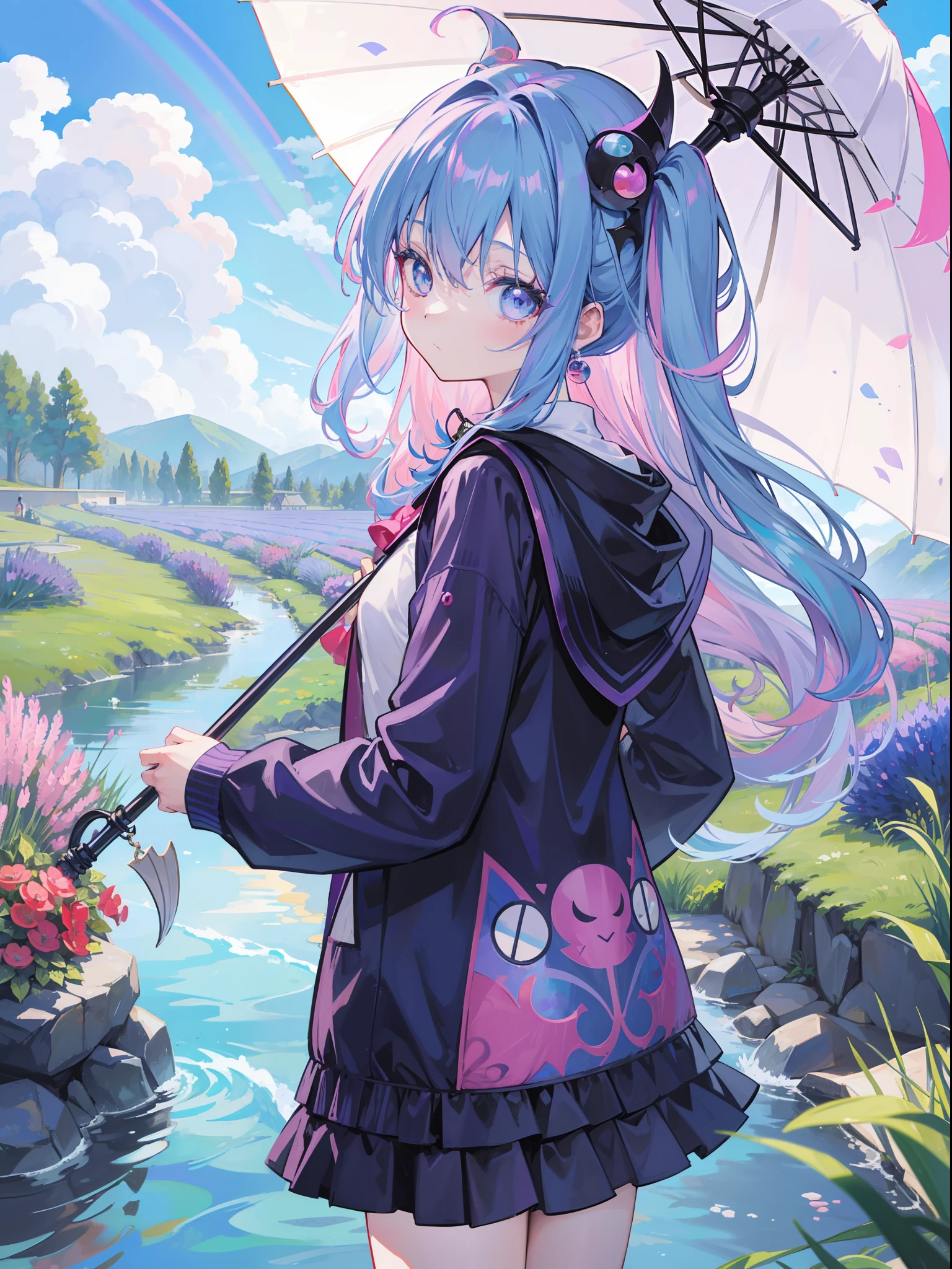Dark Magician Girl、MKSKS style、1 persons、(highly detailed back ground:1.0)、(highly detailed back ground:1.0)、masterpiece、top-quality、超A high resolution、8K、full bodyesbian、frombelow、Looking back、(1/2 pink and 1/2 Light blue hair、rainbow-colored hair)、(A detailed eye、Blue eyes)、Laughing、(Rainbow print cardigan、1/2 pink and 1/2 Light blue cardigan)、Detailed skin、(Lavender fields:1.2、Holding a parasol:1.2、Waterwheel:1.2)、daytime、wakame、wakame、wakame、wakame、wakame、wakame、wakame、wakame、wakame、wakame、wakame、wakame、wakame、wakame、wakame、wakame、wakame、wakame、wakame、wakame、wakame、wakame、wakame、wakame、wakame