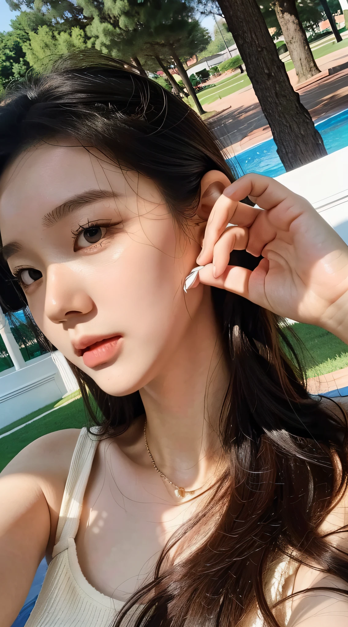 Best Quality, Masterpiece, Ultra High Resolution, (Realistic: 1.4), Original Photo, Wallpaper, Head Photo, Skin, Simple Background, Black Eyes, Detail, Selfie, 1 Girl, 18 Years Old, Breeze, Sunshine, Playground, Enjoy,