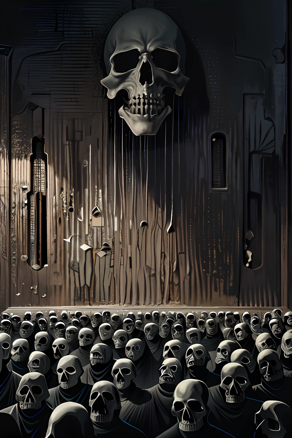 wall made of thousands of dead faces, creepy, void, dark, gloomy, depressive, scream, sorrow, horror, terrific,
best quality, high quality, horror, intricate detail,