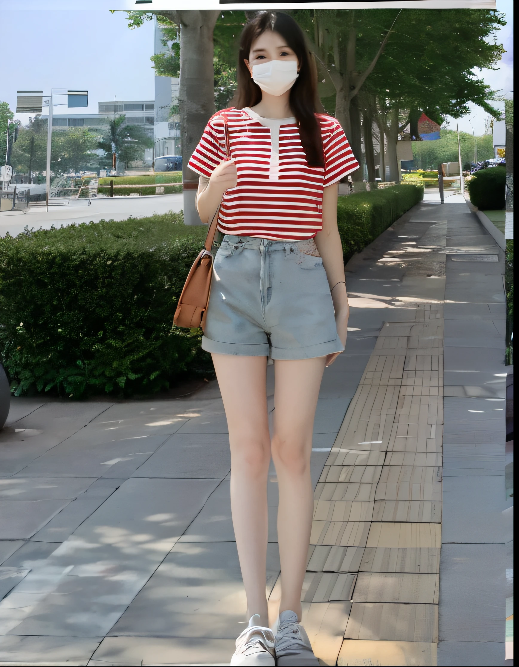 Wear a mask,Araf woman walking on sidewalk with bag, casual clothing style, full body cute young lady, in shorts and t-shirt, Cute casual streetwear, denim short, dressed in a top and shorts, wearing red color shorts, casual summer clothes, Simple clothes, Casual clothes, skinny waist and thick hips, casual modern clothing, Trendy clothes