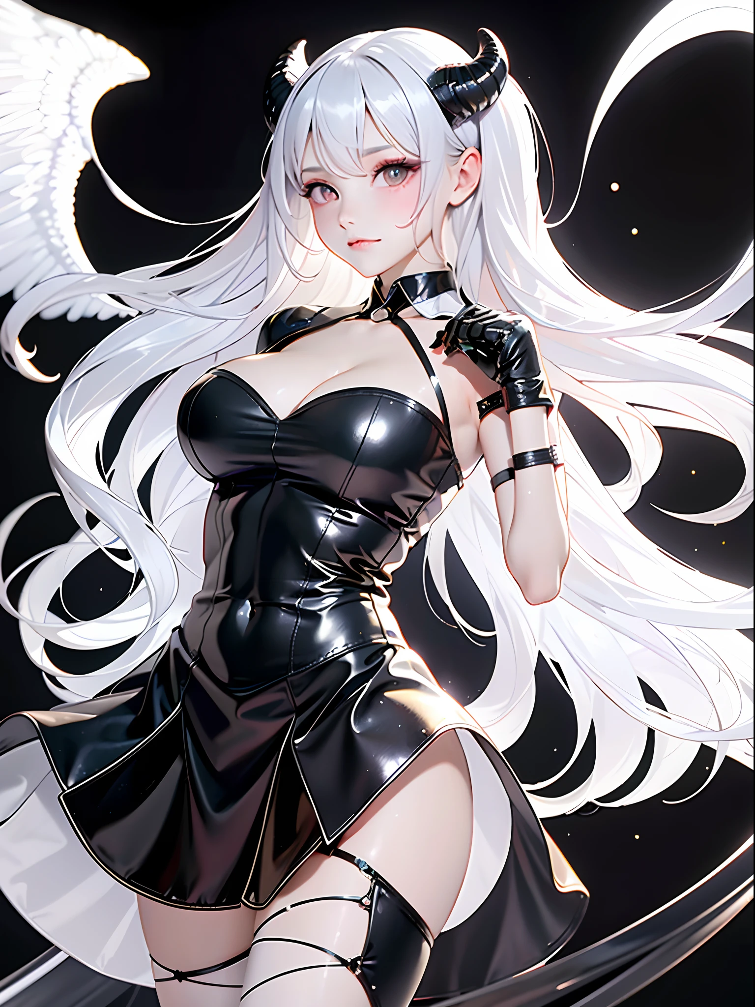 1girl, huge breast,hands on own breast, breast focus,Breast kneading, solo, horns, long hair, albedo (overlord), wings, large breasts, dress, hip vent, black wings, white gloves, gloves, looking at viewer, black hair, white dress, bare shoulders, hair between eyes, yellow eyes, feathered wings, demon horns, smile, feathers, demon girl, cleavage, slit pupils, detached collar, bangs, very long hair, closed mouth, black feathers, cowboy shot, covered navel, elbow gloves, white horns, standing, demon wings ,