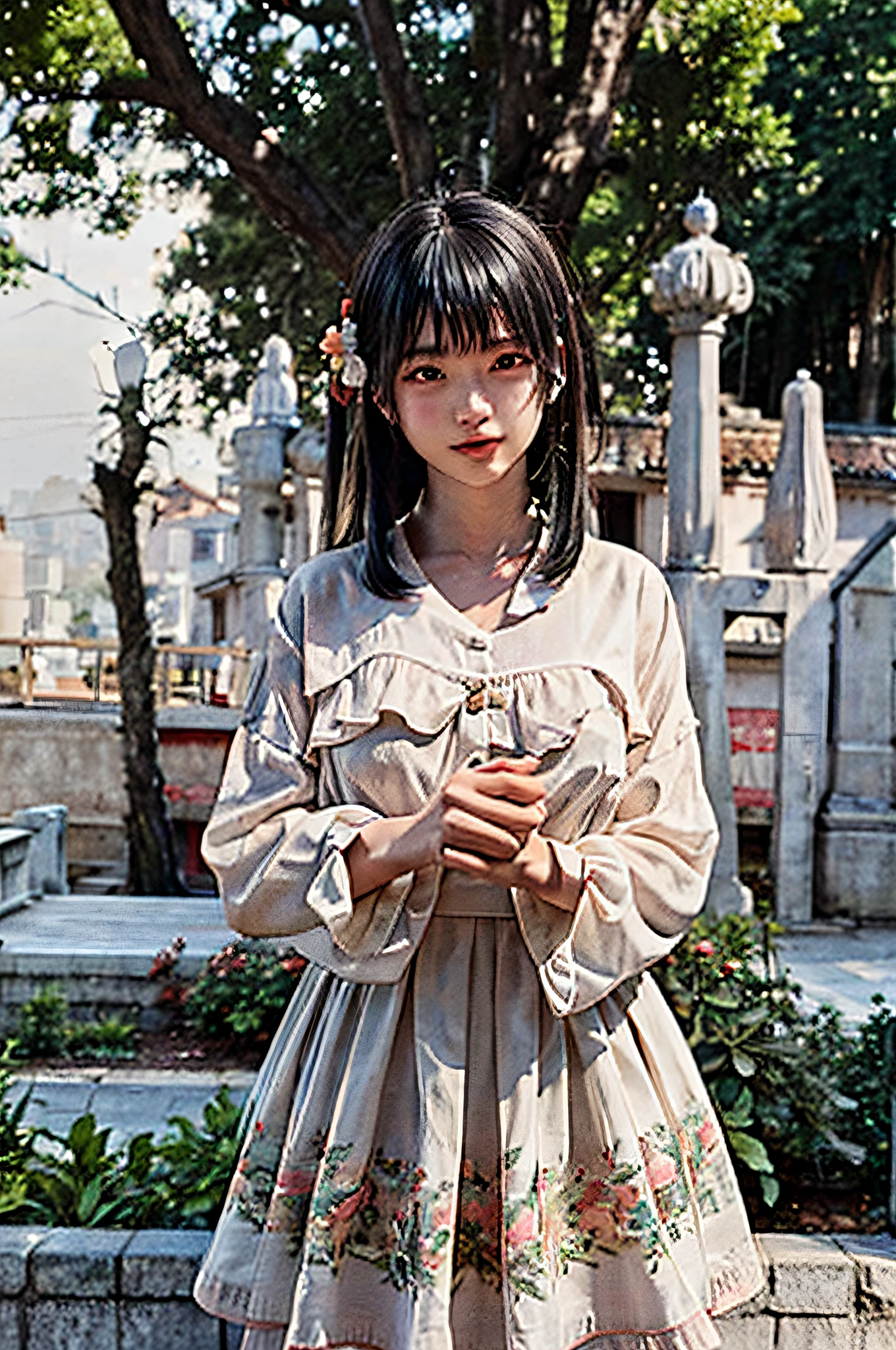 stechu,(white backgrounid:1.4),((tachi-e)),Original,(illustratio:1.1),(best qualtiy),(tmasterpiece:1.1),(Very detailed CG unity 8k wallpaper:1.1),(a color: 0.9),(panoramicshooting:1.4),(solo person:1.2),(Splash ink),(Splash color),((aquarelle)),sharp and clear focus,{ 1girl standing },((korean style )),flower background ,exteriors,Rochas,Look at the viewer,Make happy faces,Soft smile,chaste,league of legend,Delicate garment pattern details,brunette color hair,blackigeyes,shuicolor