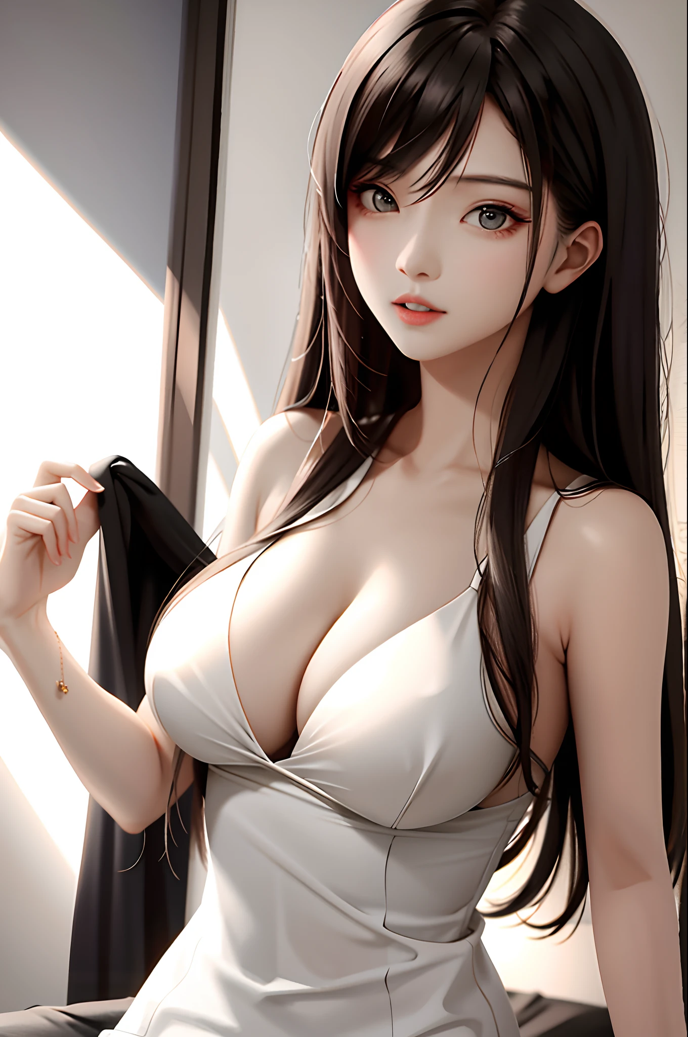Unbeatable masterpiece,Loose hair,plumw,photorealestic,(Fidelity:1.4),best qualtiy,超高分辨率,one-girl,full bodyesbian,(C cup), Low neckline, big breasts beautiful, tmasterpiece, plain face, Best quality at best, 超高分辨率, (realisticlying:1.4),stooping forward