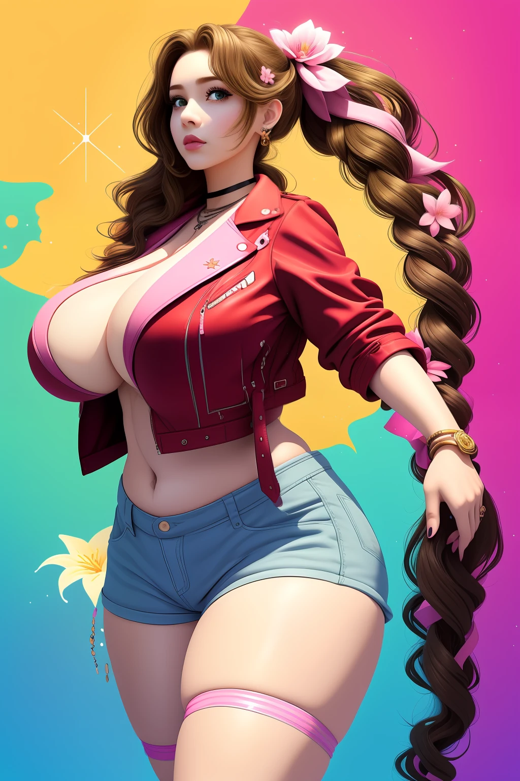 (best quality,masterpiece),superlative beautiful detailed face,age 30,adult woman with (gigantic breasts:1.6),In Harajuku shorts with (ill fit Harajuku pink T-shirt)(aerith gainsborough),(curvy),Decora Accessories,choker, cropped jacket,hair bow, bracelet,very long hair, hair ribbons and clips,cute and sexy,(Harajuku brown,red, and pink flower theme with flower effects)