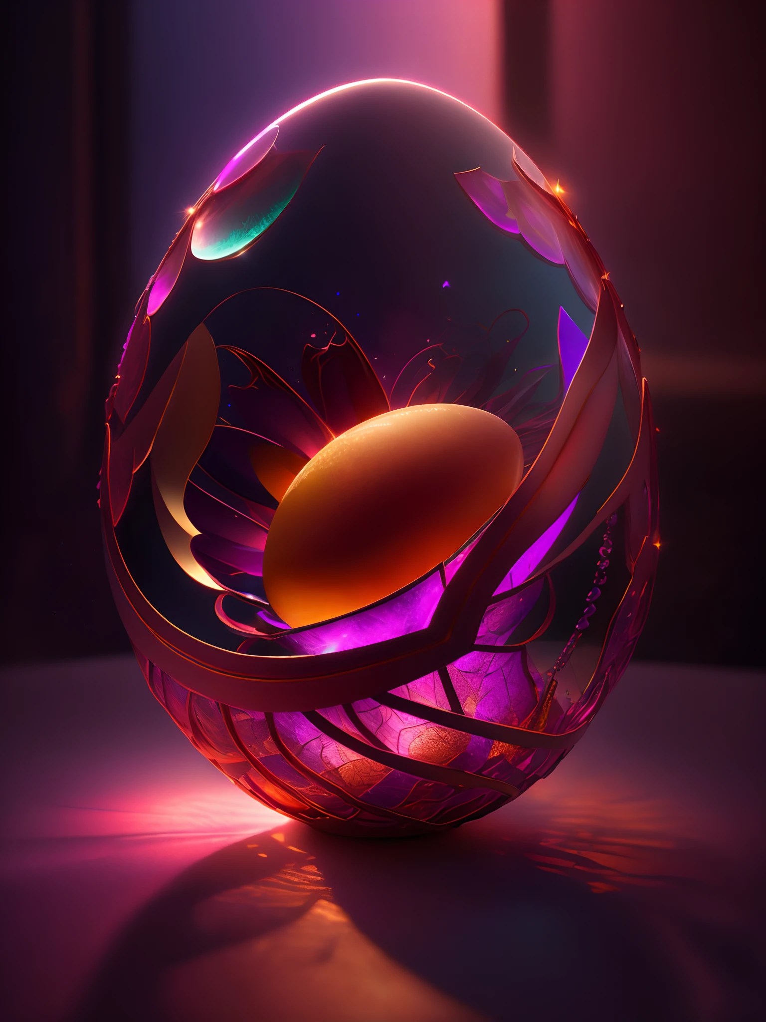 Efecto Shatter en After Effects,,Soft broken shell egg in intricately opaque 3D carved from shiny ivory in dimly lit room, con una luz rosa muy suave que emana de debajo del huevo, zarcillos de vid en espiral brillantes de color naranja rosado que abarcan el huevo amorosamente como si estuviera vivo, fotorrealista, detallado, realista, alta calidad, Background thunderstorms, detallado, realista, 8k UHD, alta calidad, Barbiecore.  magica, fantasy, rosado, violeta, PALETA DE ORO