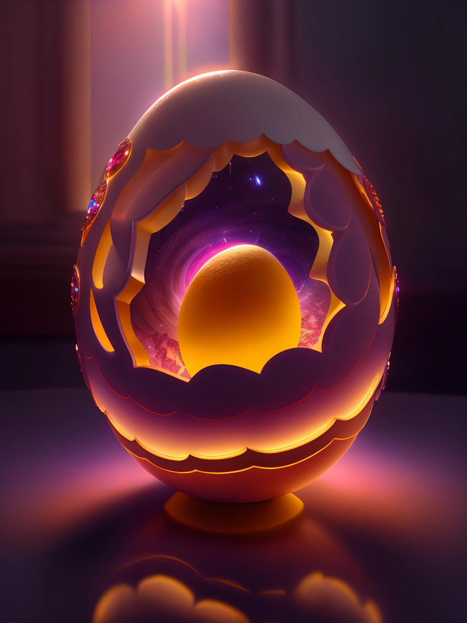 Efecto Shatter en After Effects,,Soft broken shell egg in intricately opaque 3D carved from shiny ivory in dimly lit room, con una luz rosa muy suave que emana de debajo del huevo, zarcillos de vid en espiral brillantes de color naranja rosado que abarcan el huevo amorosamente como si estuviera vivo, fotorrealista, detallado, realista, alta calidad, Background thunderstorms, detallado, realista, 8k UHD, alta calidad, Barbiecore.  magica, fantasy, rosado, violeta, PALETA DE ORO