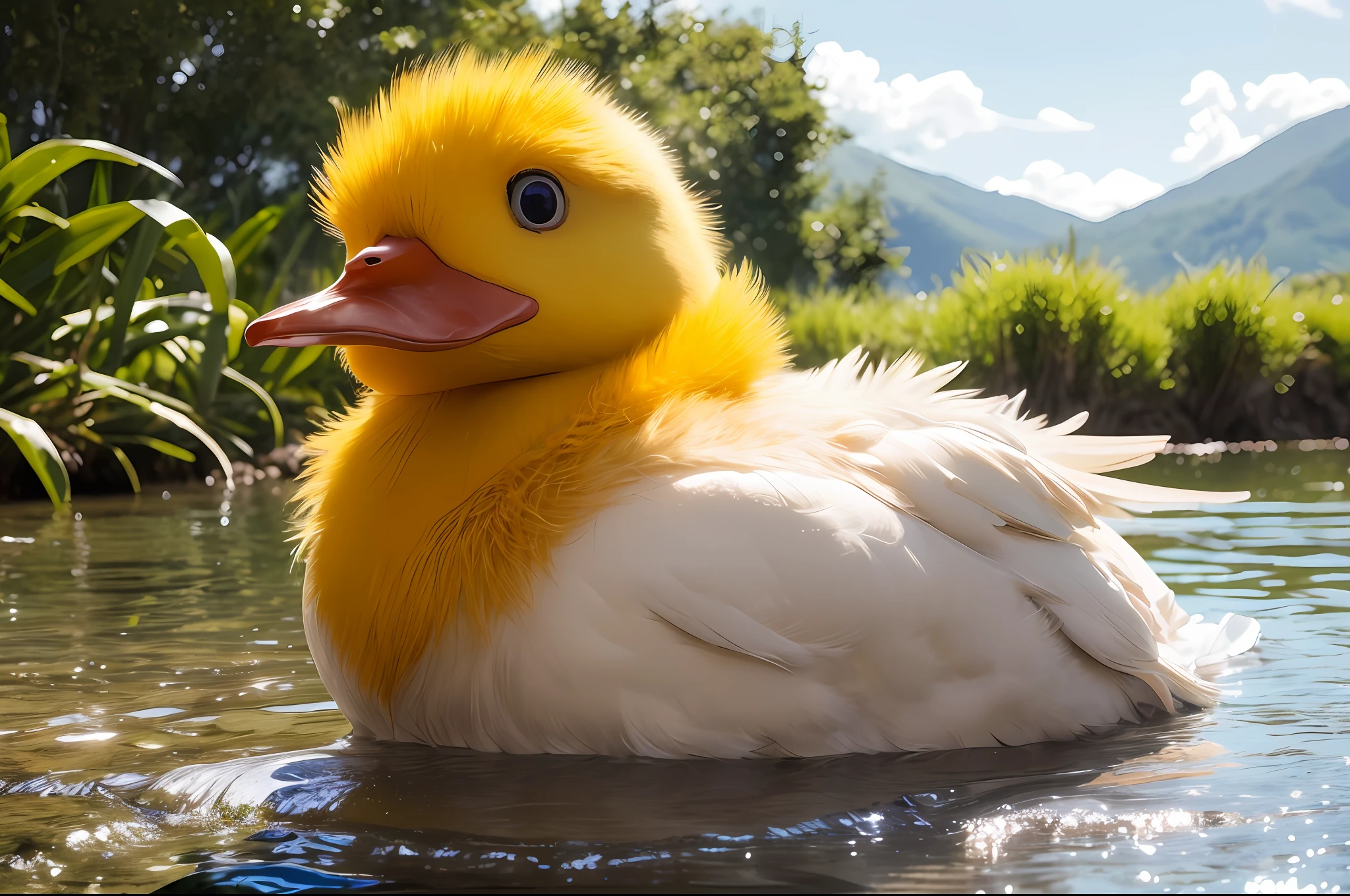 a fluffy tender yellow duck, lovable, chubby, yellow duck, hairy, during the daytime when the sun is abundant, swimming in a brook, the water surface sparkles, blue sky, white clouds and coconut trees, the water is very clear, long hair, beautiful detailed eyes, extremely detailed eyes and face, light on face, lovely, best quality, masterpiece, illustration, an extremely delicate and beautiful, extremely detailed ,CG ,unity ,8k wallpaper, Amazing, finely detail, masterpiece, best quality, official art, extremely detailed CG unity 8k wallpaper, ultra-detailed, highres, extremely detailed, (best quality), (realistic, photo-realistic:1.2), 8k, soft lighting, high quality, official art, extremely detailed CG unity 8k wallpaper, cinematic lighting.