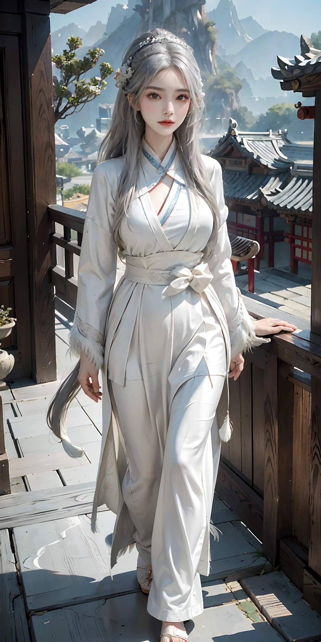 ((masterpiece, best quality)), 1girl, ((mature female)), (big breasts),white longhair, floating hair, hair ornamen, (hanfu), ((clothes made of feathers)), (summer), (dragon girl), sunlight, (detailed light), lighting, (colorful), looking at viewer, chinese style architecture background, special features,(bloom), (shine)