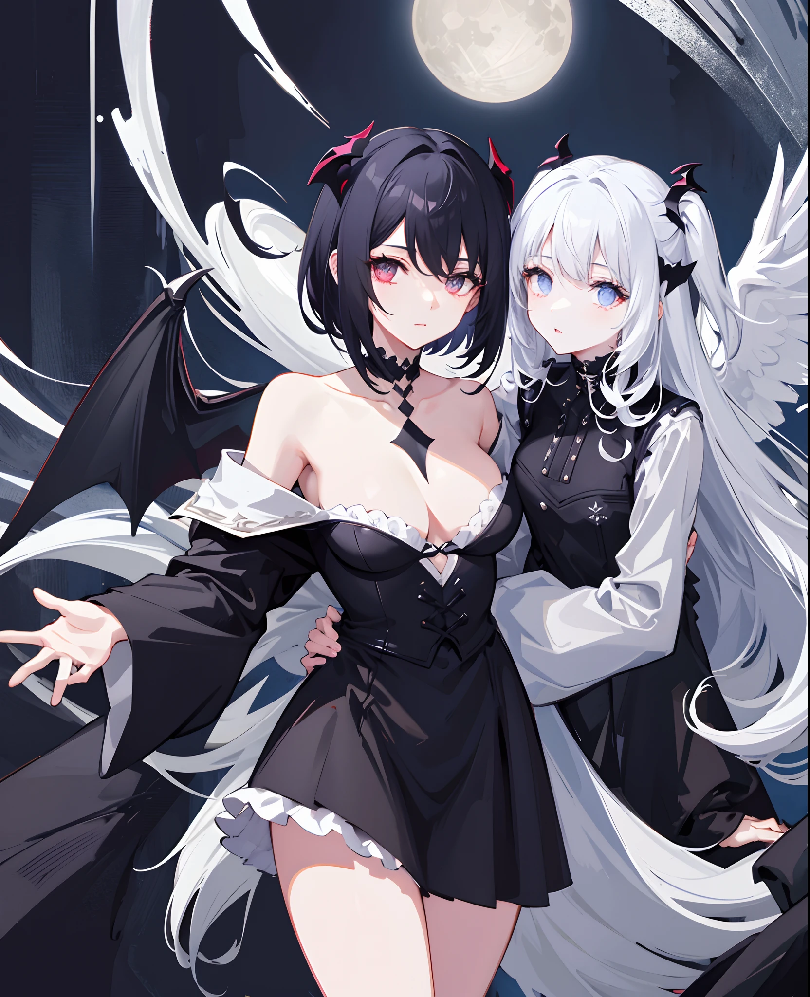 Social media avatar with two vampire girls on their shoulders , black short hair, White long hair, demon wings, the night, luna, Dark colors, ghotic style, Shoulder-length photos, Creepy Mommy Vibe Style