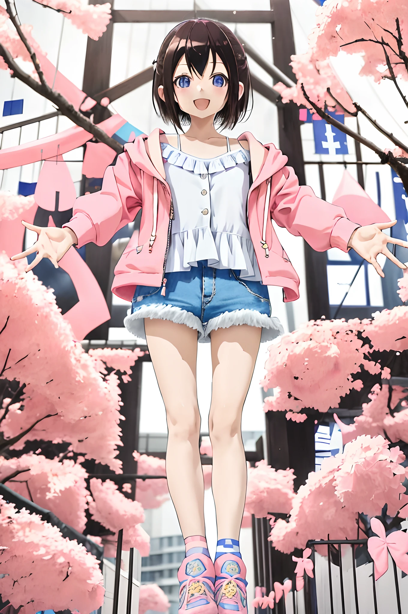 masutepiece, Best Quality, hight resolution, 1 Girl Kanna Ogata, Blue Shorts Pink Jacket Hooded Jacket White Camisole Bare Shoulders, Striped Socks Pink Footwear Standing, Outstretched arms, Reaching out, Smile