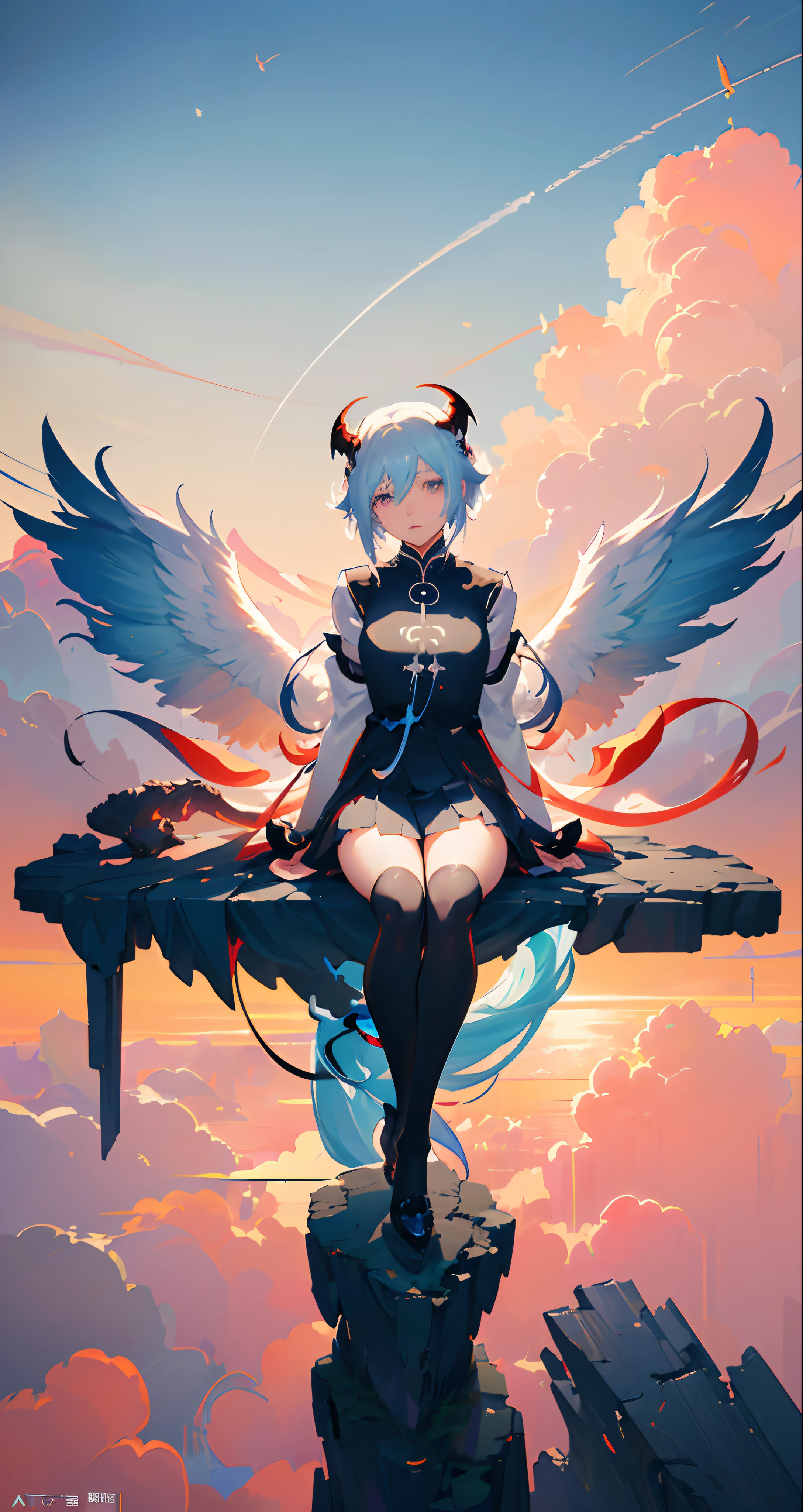 anime girl with angel wings and a demon's tail sitting on a glowing cloud, artwork in the style of guweiz, guweiz, inspired by Ross Tran, ross tran style, demon girl, by Ross Tran, artgerm and atey ghailan, demon anime girl, beeple and jeremiah ketner, jen bartel, loish and ross tran
