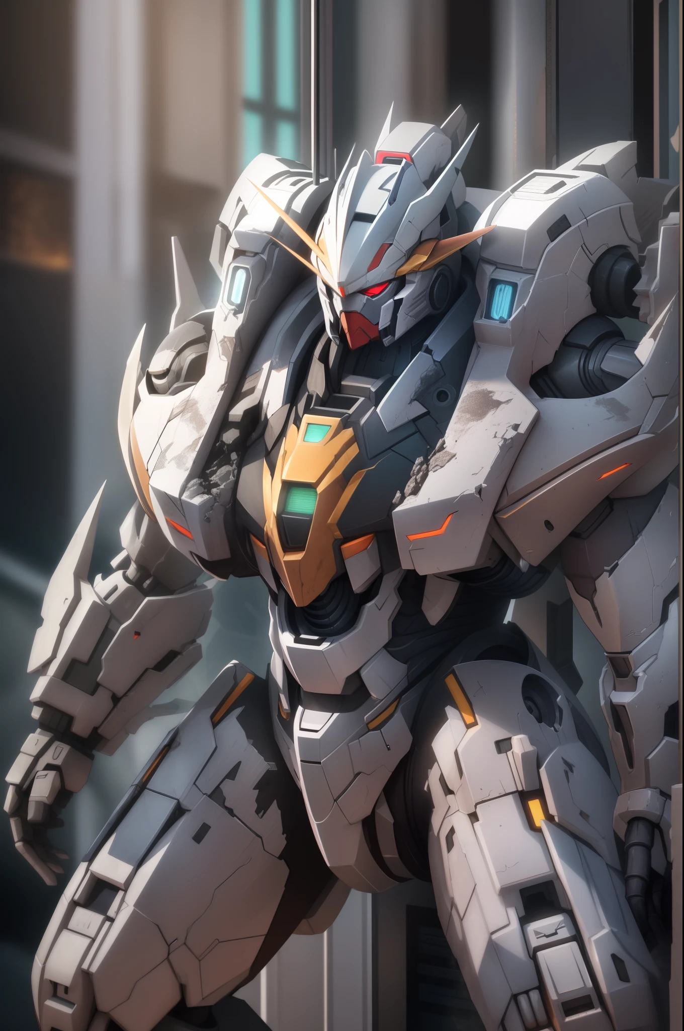 mech warrior, gundam, machine, bulky, strong, massive,destroyed buildings, warzone, fire, mecha, masterpiece, 8k, blender render, high definition, artstation, masterpiece, mechanical design, v-fin, absurdres, photorealism, detaield head structure, insanely detailed, hard surface modelling, unreal engine 5, dramatic lighting, cinematic, studio made, smooth lighting, sharp focus, close up, gigantic, warframe, gundam, upepr body focus,hyperrealistic,