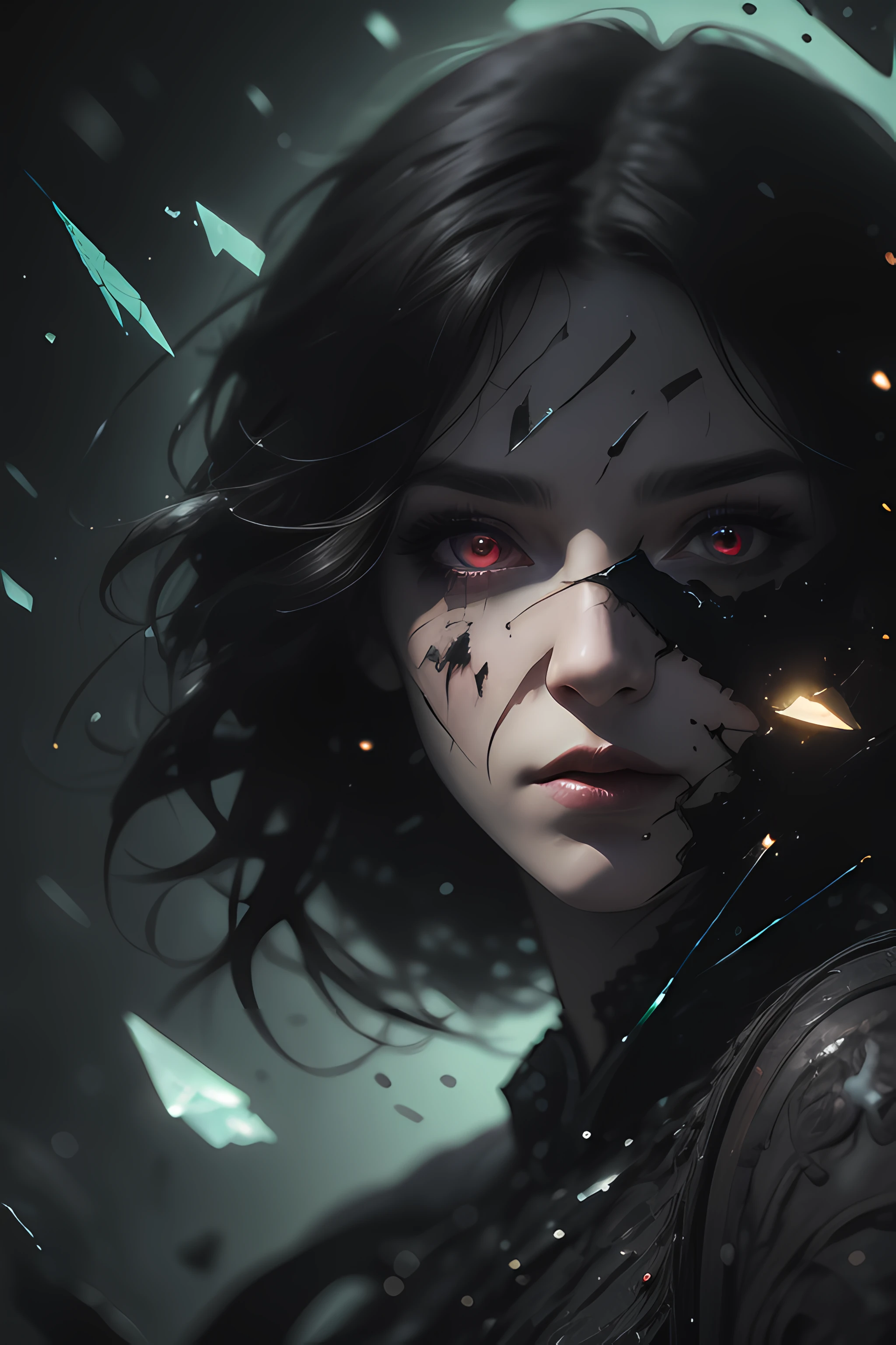 (Detailed background,Dark fantasy), (Beautiful detailed face), High contrast, (Best illumination, An extremely delicate and beautiful), ((Cinematic light)), Colorful, hyper-detailing, Dramaticlight, Intricate details, (1 girl, Solo,Black hair, sharpy face,Red eyes, hair between eye,Dynamic Angle), blood spatter, swirling black light around character, Depth of field,Black light particles,(Broken glass),