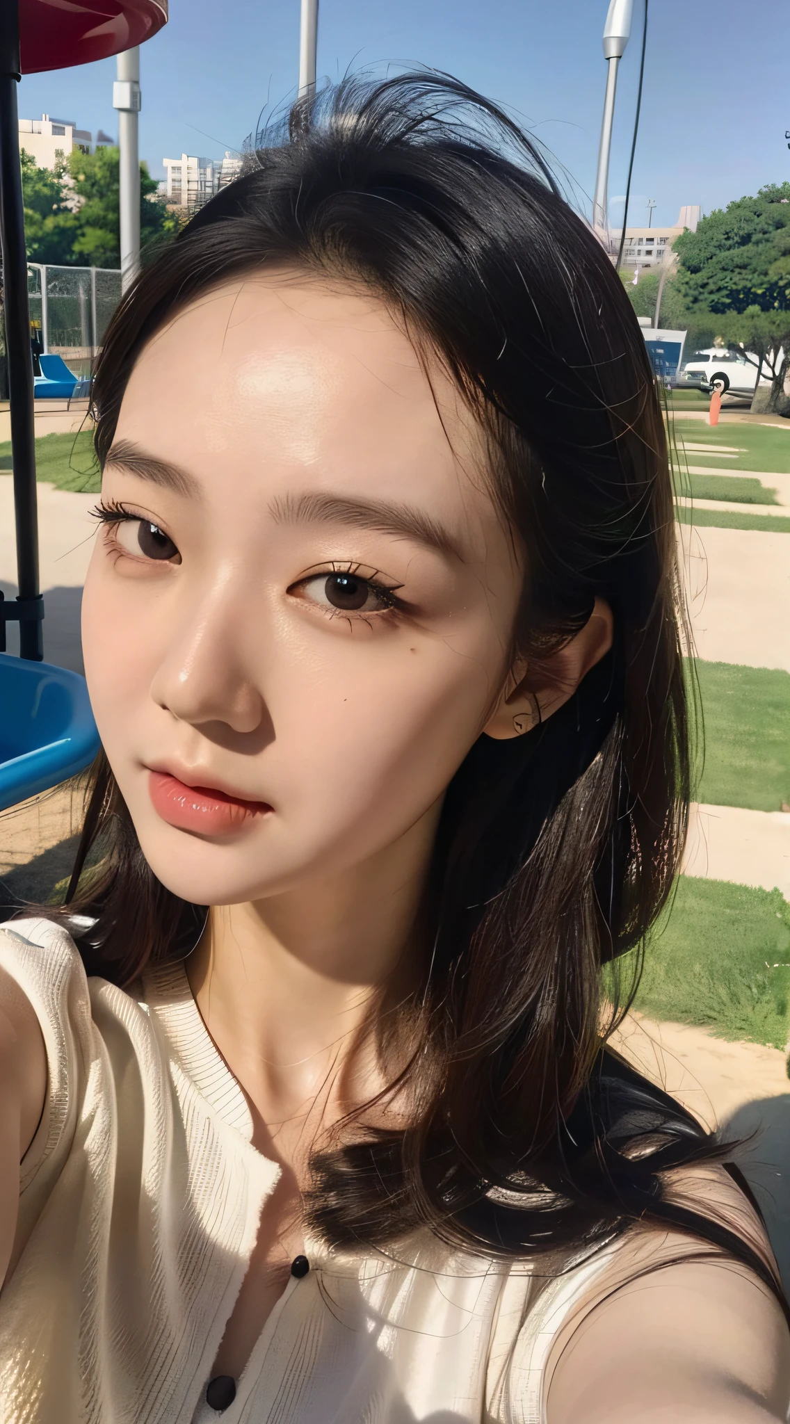 Best Quality, Masterpiece, Ultra High Resolution, (Realistic: 1.4), Original Photo, Wallpaper, Head Photo, Skin, Simple Background, Black Eyes, Detail, Selfie, 1 Girl, 18 Years Old, Breeze, Sunshine, Playground, Enjoy,