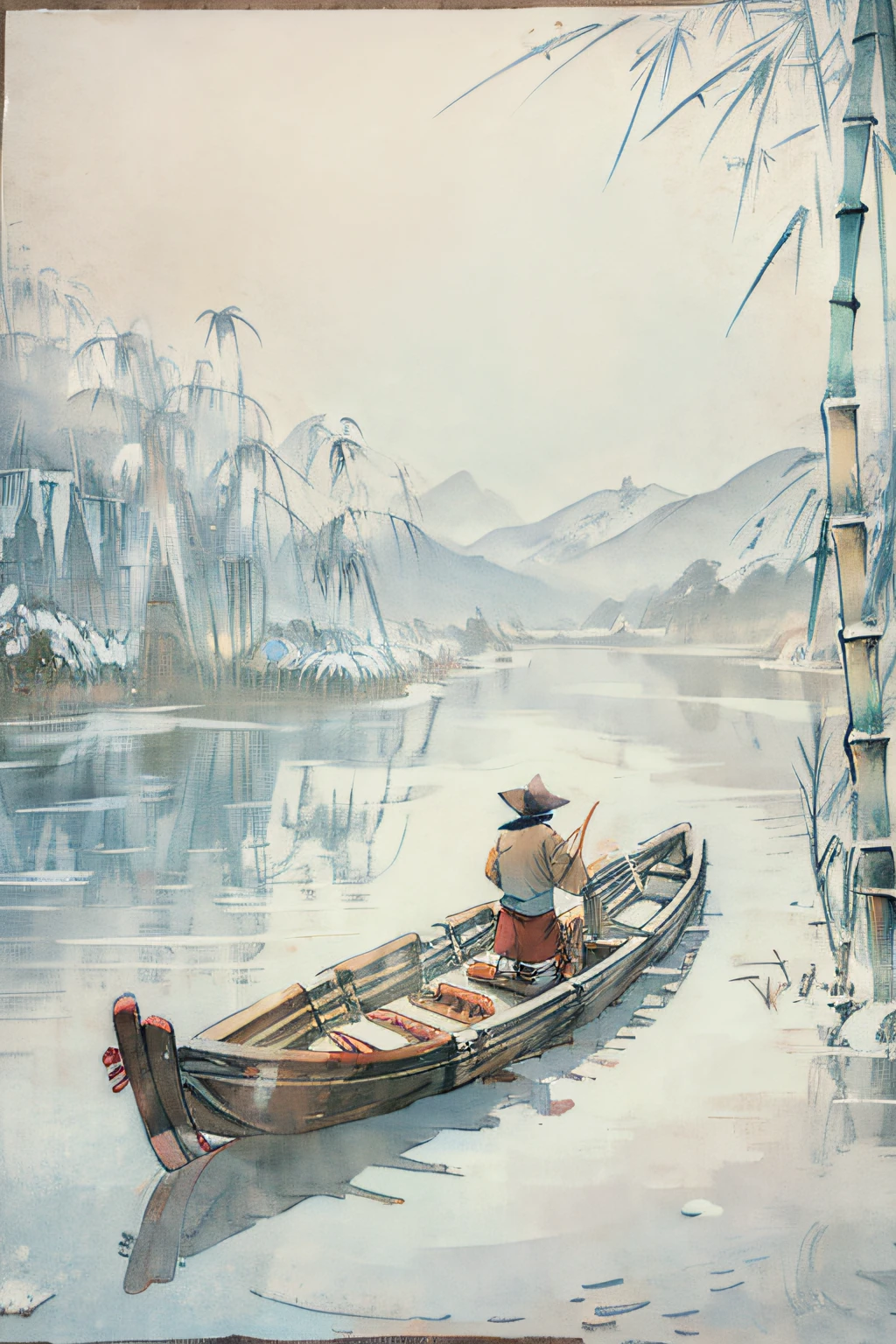 Snowy days, An old fisherman dressed up (((Bamboo cloth))), Fish in the lake on a lonely boat