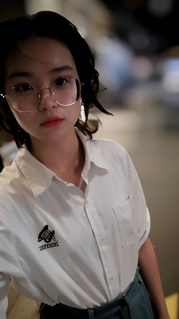 there is a woman wearing glasses and a white shirt, !!wearing modern glasses!!, Student, With glasses, in a white shirt, wearing shirt, !!Wearing glasses!!, wearing lab coat and glasses, f / 1. 9 6. 8 1 mm ISO 4 0, 8k selfie photograph, she wears harry potter glasses, wearing small round glasses