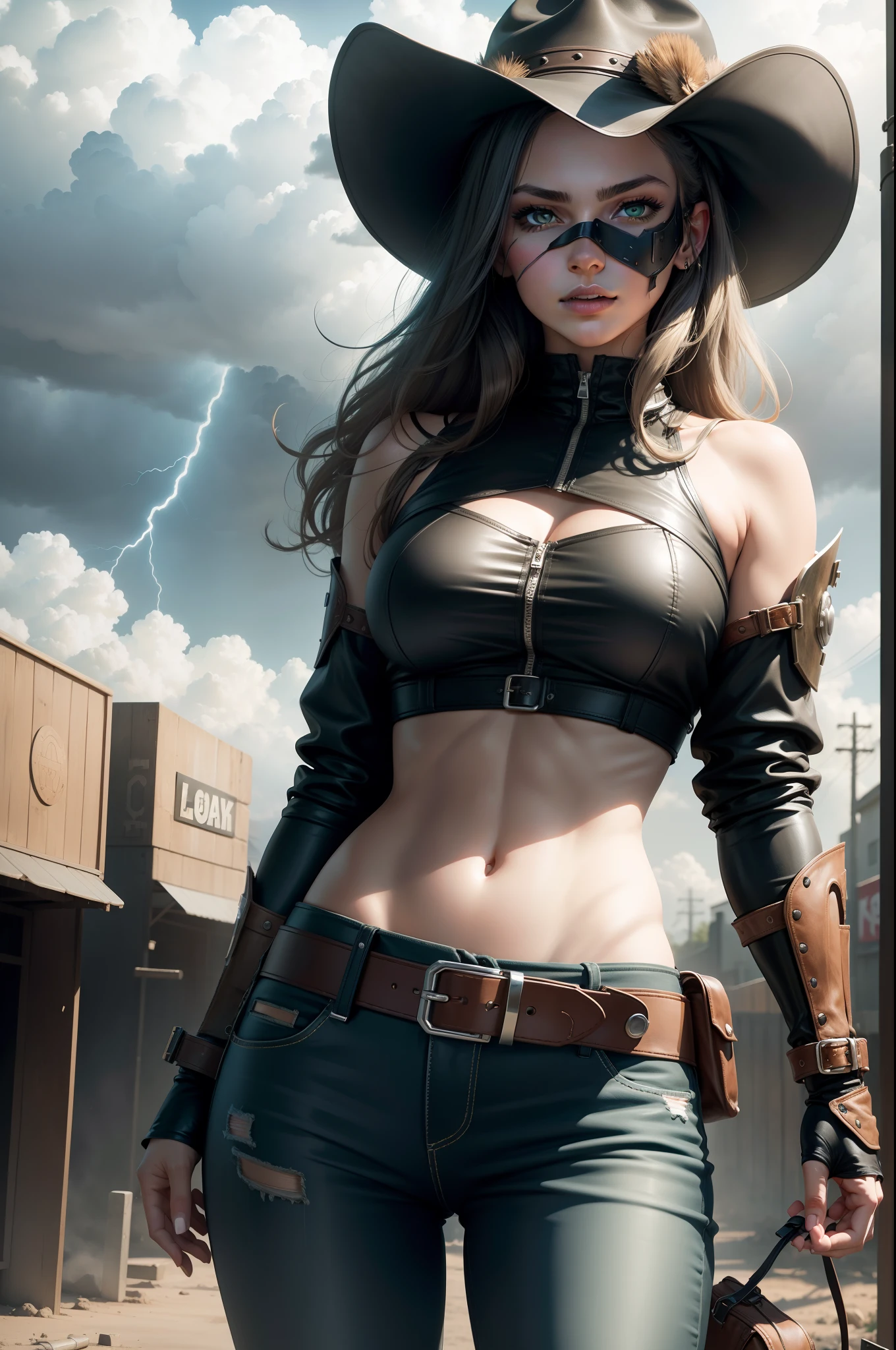 (cowgirl shot), (masterpiece), (best quality: 1.0), (ultra highres: 1.0), highly detailed face and eyes, (photorealistic: 1.2), TO BREAK, ShayeraDC, green eyes, mask, electricity, wolverine armor, black pants, midriff, belt,
TO BREAK
sky, lightning, clouds