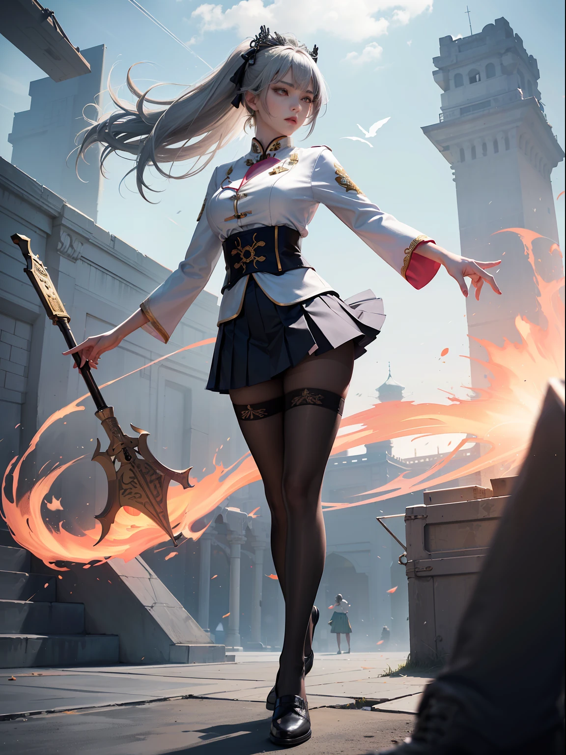 (full body:1.5)，(1girl:1.3),(looking at viewer:1.4)，(anatomy correct:1.3)，(In the paradise of the day:1.3),(Wearing Very thick Printed Pantyhose and Chinese Empress Style JK uniform printed pleated skirt and JK uniform leather shoes with bow decoration :1.3), (A high jump posture:1.3),(In pink|amarelo|blue colors|green color|red colour|white colors|black in color|purpleish color|greys|Beige|Flesh color 1.4)，,(Accurate and perfect face:1.4),(Clothing Gloss:1.25),(Skin reflection:1.25),hyper HD, Ray traching, reflective light，structurally correct, Award-Awarded, high detal, lightand shade contrast, Face lighting，cinmatic lighting, tmasterpiece, super detailing, high high quality, high detal, best qualityer, 16k，high contrast,