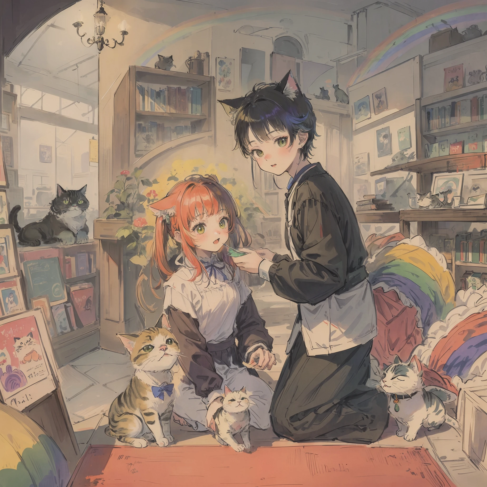 Cats((Take a cute cat 1.5))、((Best quality1.2))、((masterpiece))、((rainbow-colored hair))、bookstore、I have a cute cat、Hachiwale