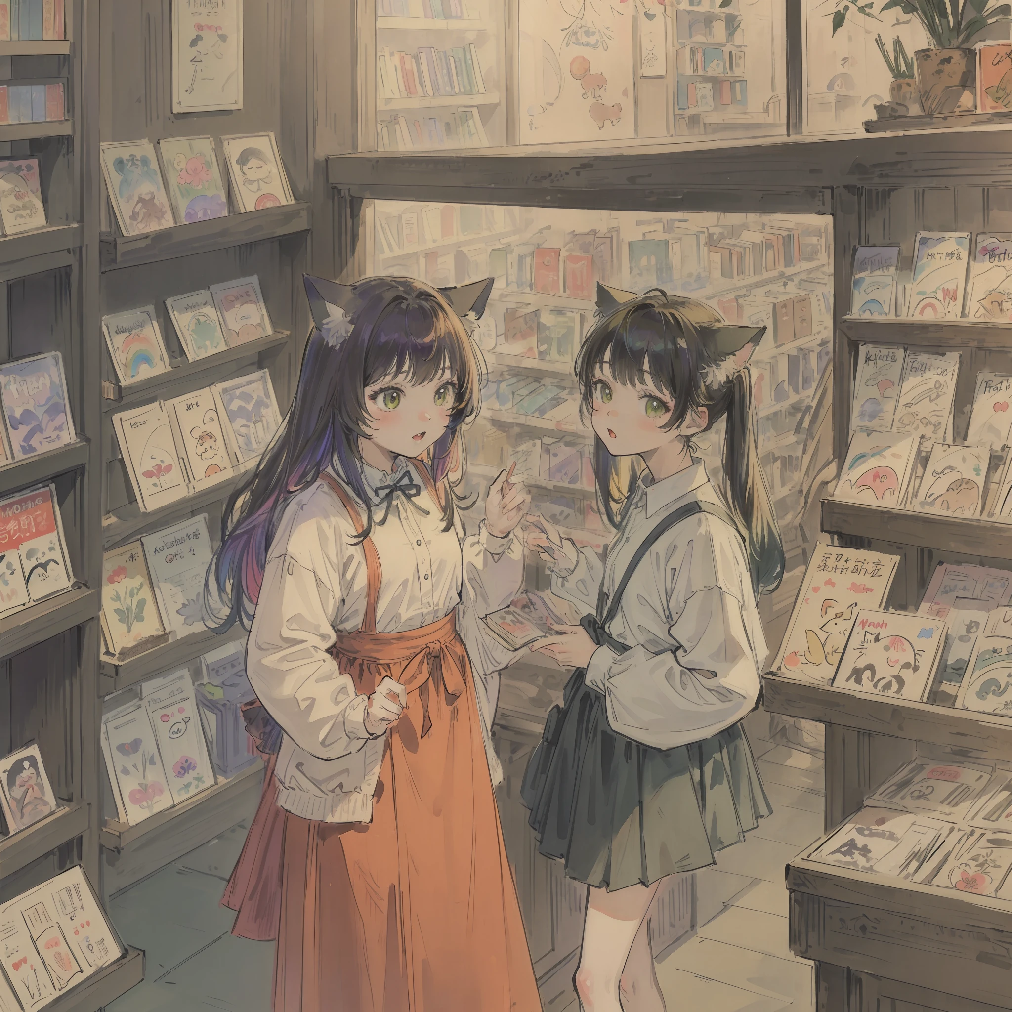 Cats((Take a cute cat 1.5))、((Best quality1.2))、((masterpiece))、((rainbow-colored hair))、bookstore、I have a cute cat、Hachiwale
