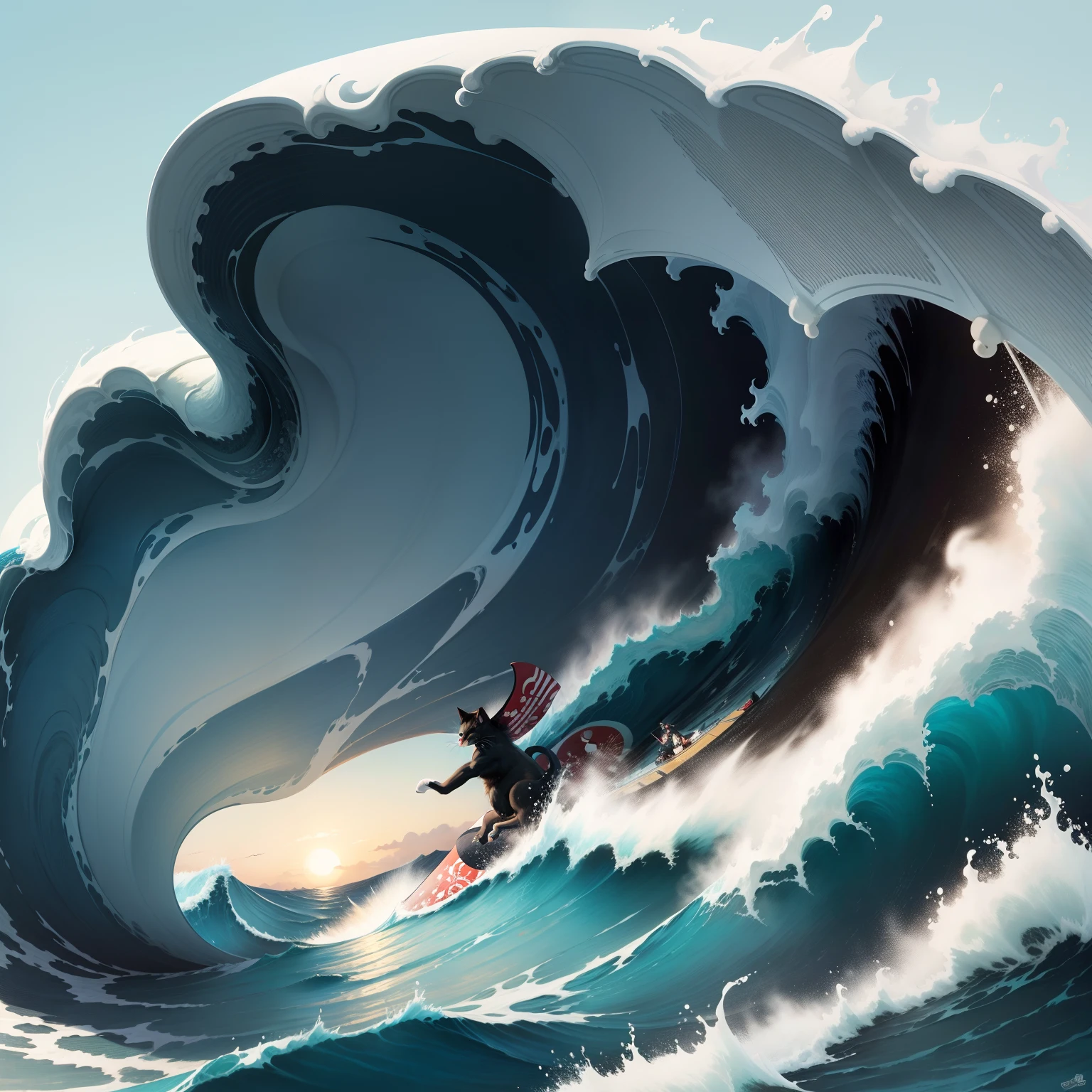 ukiyoe painting、Big wave、catss