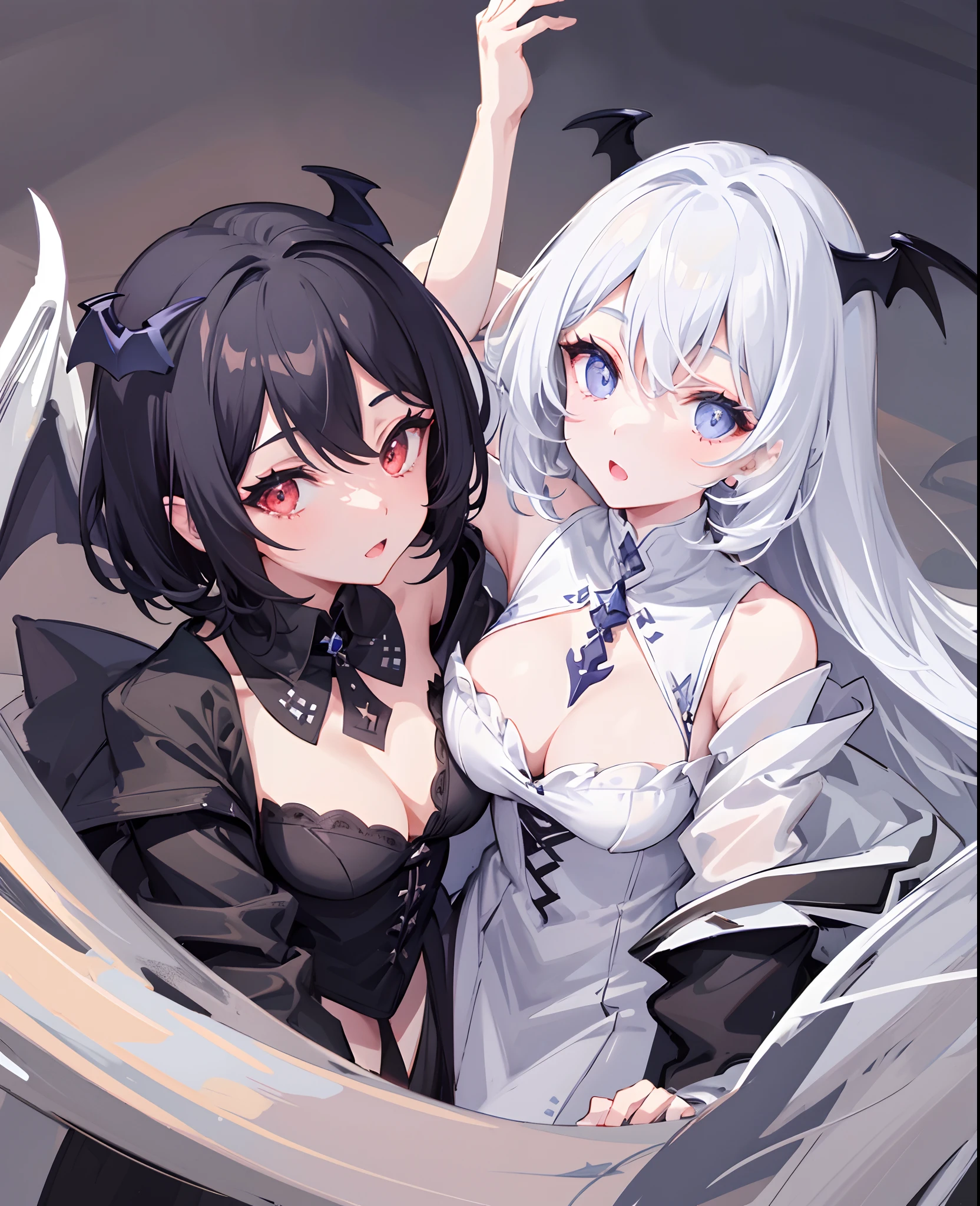 Social media avatar with two vampire girls on their shoulders , black short hair, White long hair, demon wings, the night, luna, Dark colors, ghotic style, Shoulder-length photos, Creepy Mommy Vibe Style
