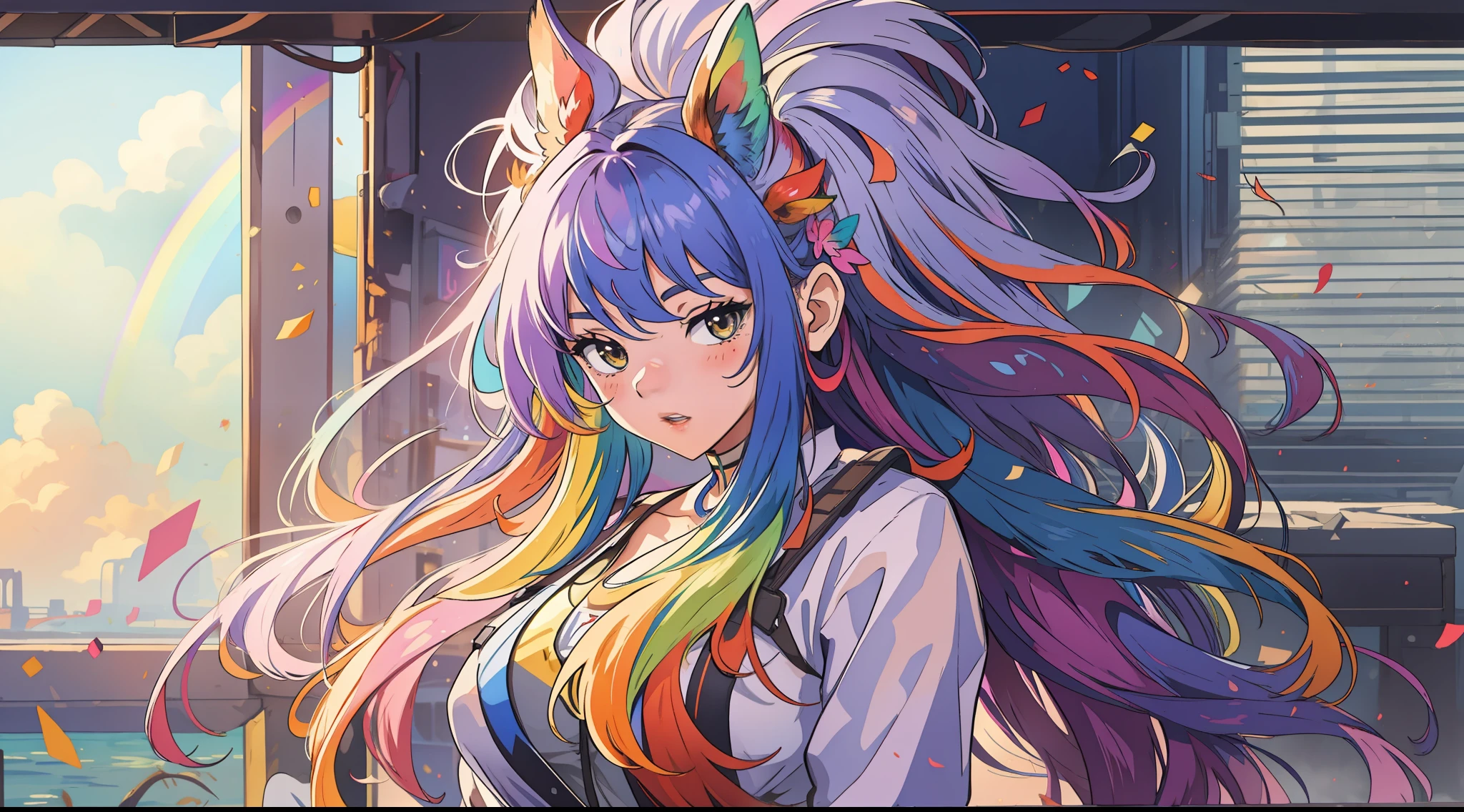 masterpiece, best quality, girl with rainbow hair, really wild hair, mane, full body, whole body