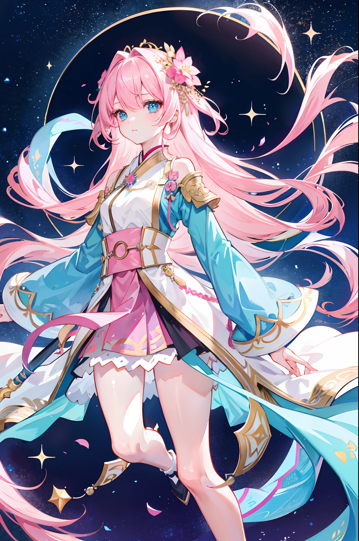 1 girl with light pink hair,（Hanfu：1.2）， Long slightly curly hair, Light blue eyes, , stars, galaxias, Starcloud, Detailed eyes, Perfect full-body portrait, Preppy magic, entire body image, confidence, Flash