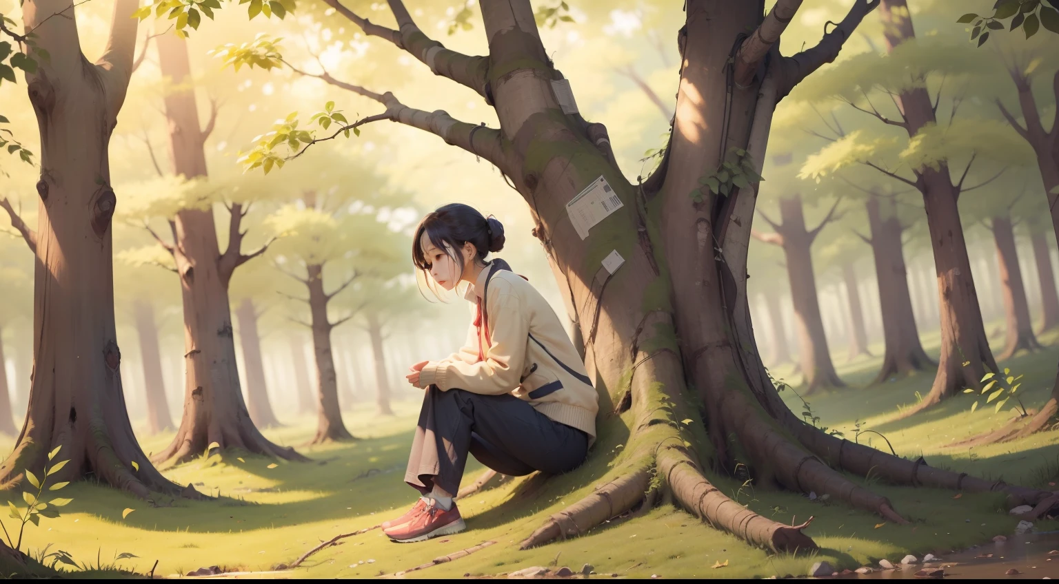A woman sits pitifully under a tree,Hold your knees and chest,The leaves are falling,There are many bare branches on the tree,Bleak。