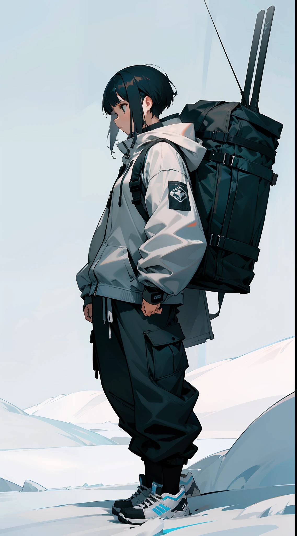 snowy tundra background, girl standing in the middle, white and blue arcteryx hoodie, baggy black cargo pants, wolfcut haircut with grey tips at the ends, 3/4 full body side profile