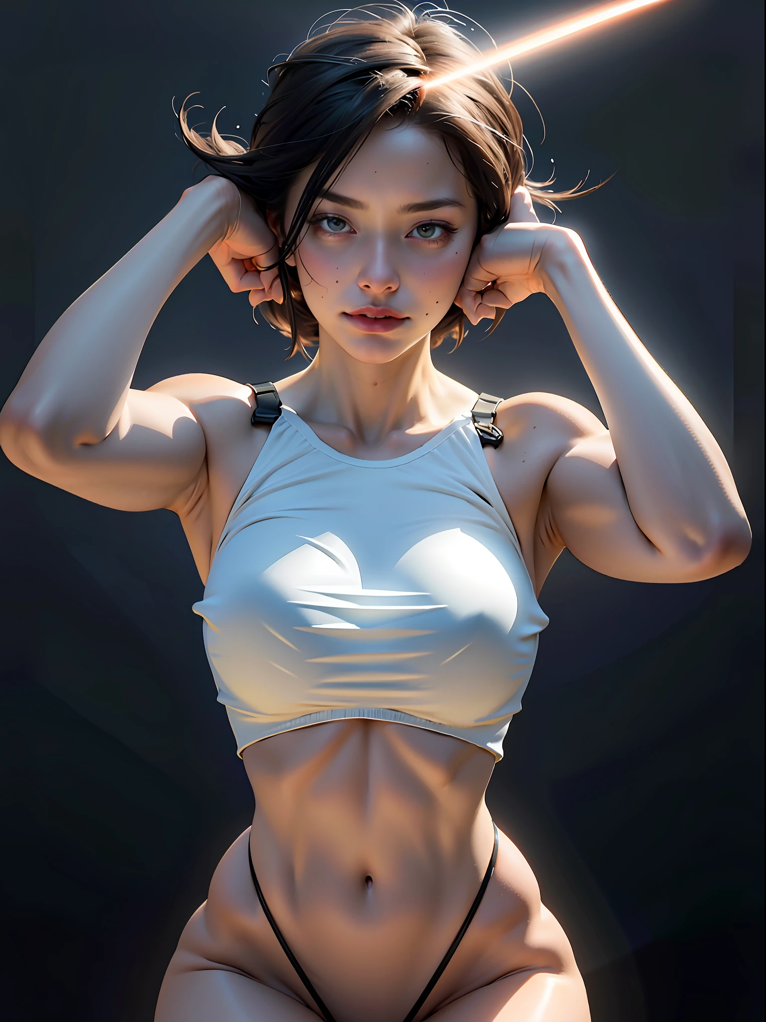 huge breast, hands on own breast,breast focus,Breast kneading, Woman body defined thick thighs cybernetic body parts, short underwear,upper body,ultra high res, (photorealistic:1.4), raw photo,16K,dramatic lighting,