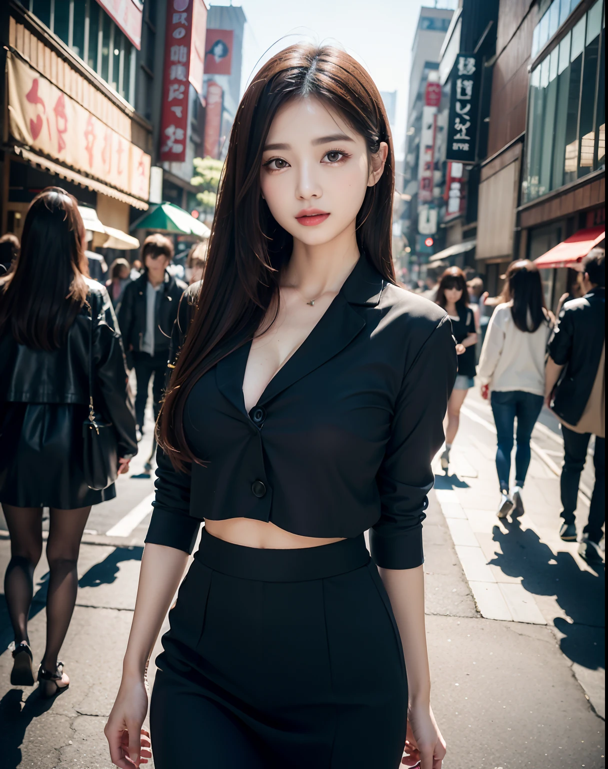 (8K、RAW Photos、top-quality、​masterpiece:1.2)、(realisitic、Photorealsitic:1.37)、1girl in、japanes、32years old、tokyo streets、profetional lighting、Photon mapping、Radio City、Colossal tits、gals、Lots of lashes、Lame on the eyelids、Pitch black lip、Pitch black heels、A slender、crotch open、Big, Bokeh, depth of fields,