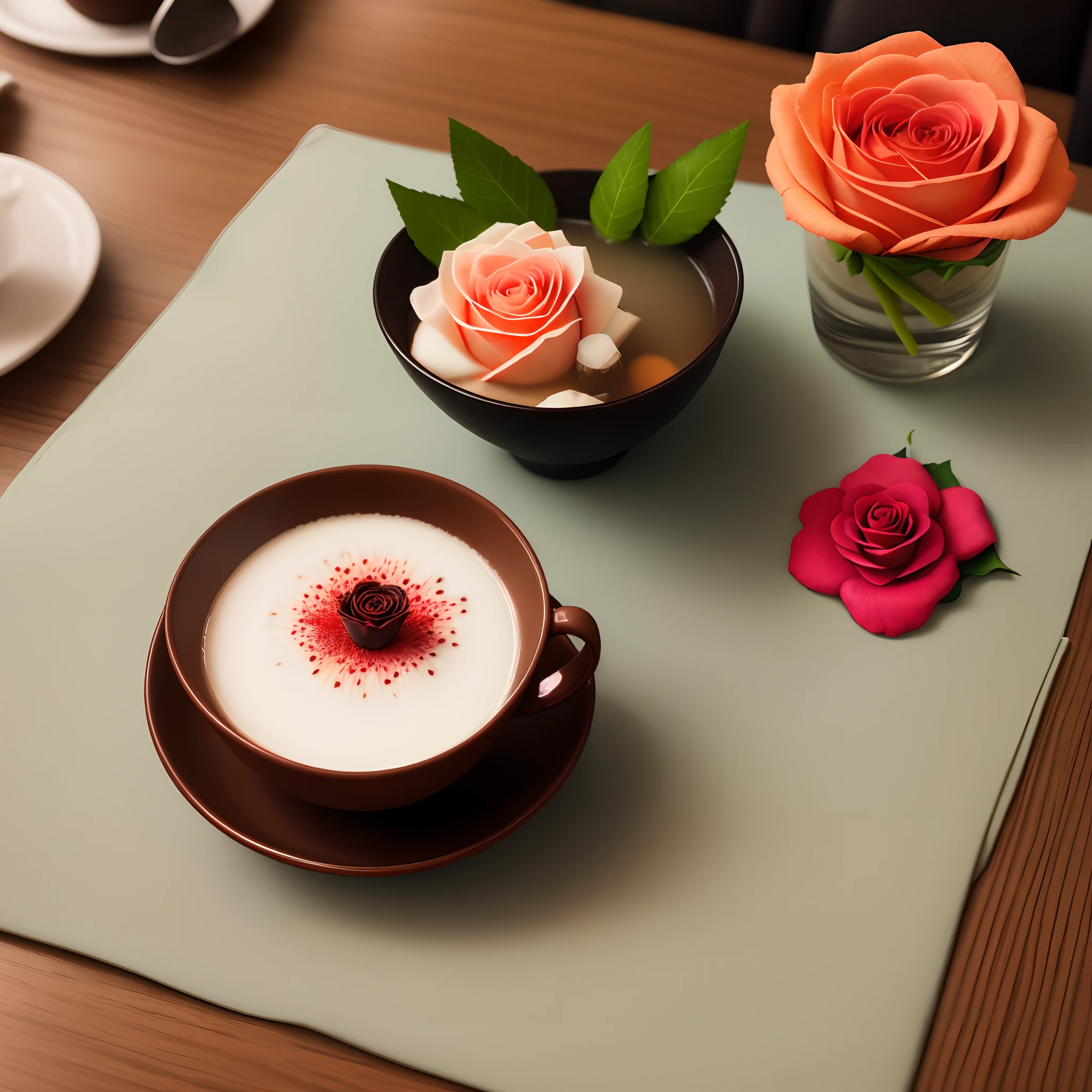 Rose flower,nerds,milk tea,Placed on the table