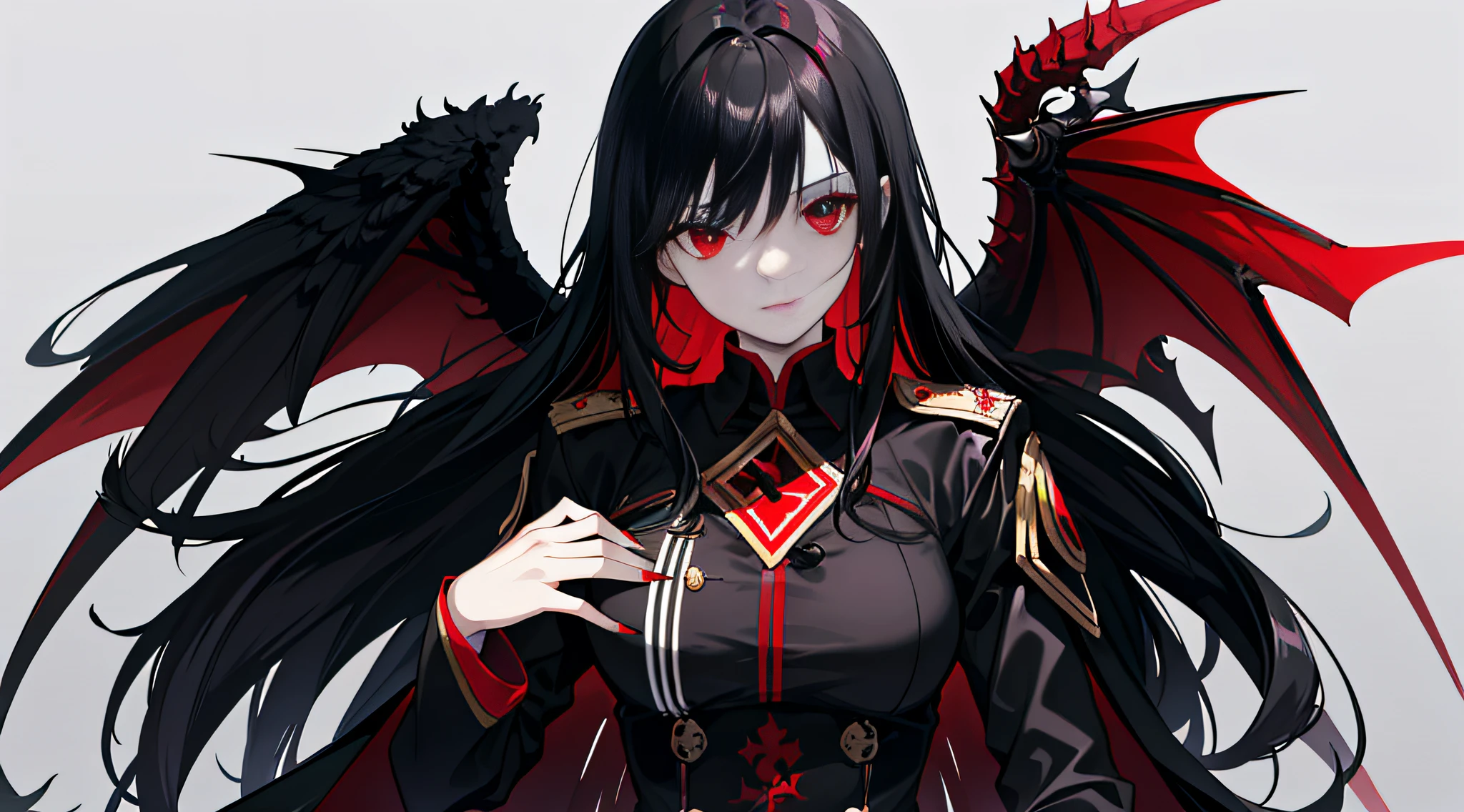 A woman with long black hair,Red eyes,Vampires,It has six pairs of wings on its back,The color of the German uniform is German gray,Red and black color scheme on background,Facing the lens