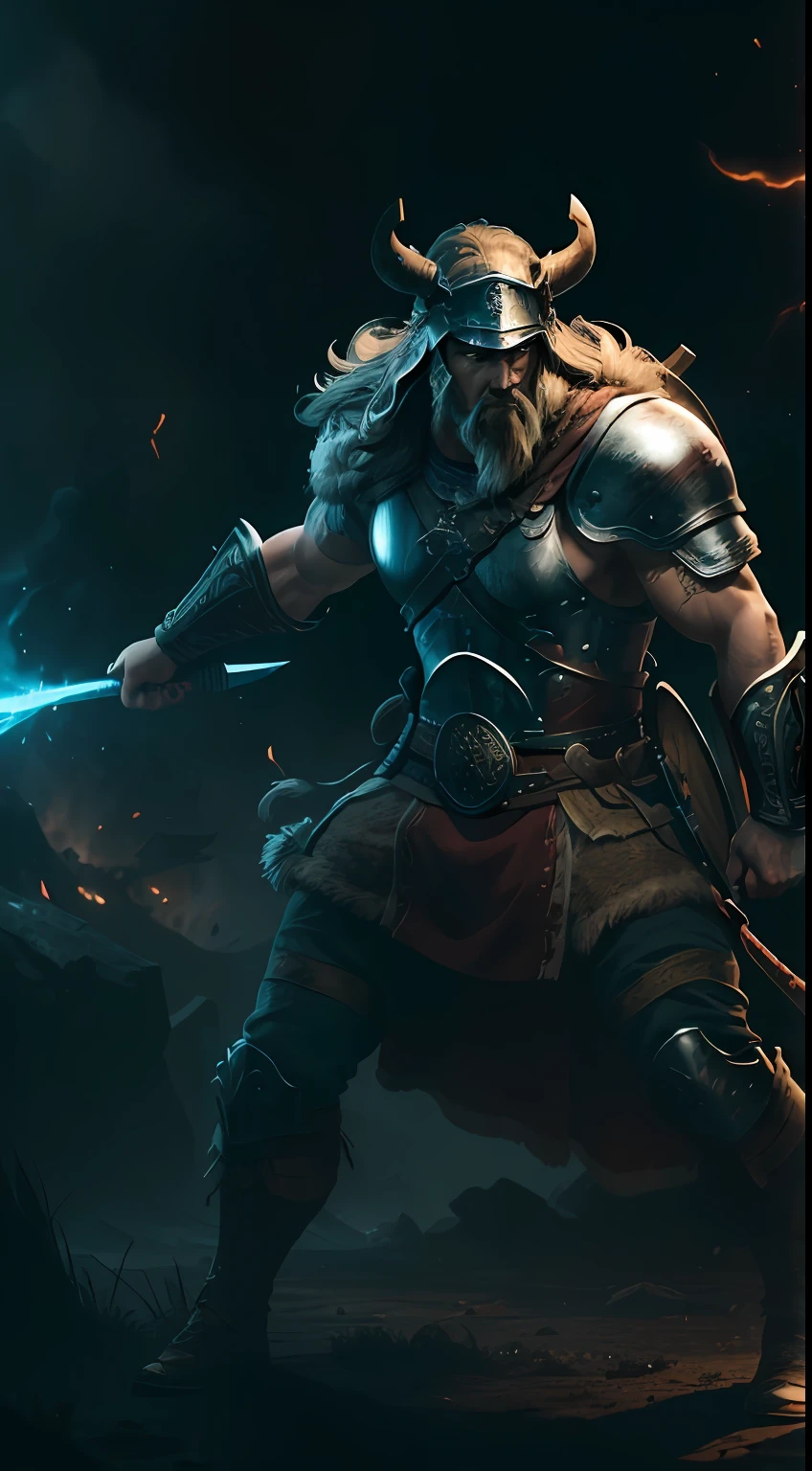 (8k), Ultra resolution 8K, Stunning illustration of a hero wearing a Viking helmet, barba espesa y bien cuidada. Warrior Prince,Traje de guerrero Athletic Body vikingo, armadura de cuero duro como el metal incrustadas runas vikingas, ((sostiene una gran hacha de batalla)), cinematic lighting,action pose, agregar efecto al final,Mythical background, escena de fondo barco vikingo