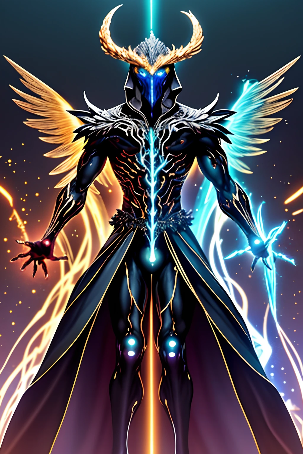 photo, portraite of a, Dark art, the predominance of dark shades,The god,A mysterious and imposing creature, the appearance of which causes awe and horror. He represents the strength and power of the universe, which is reflected in his appearance.
Fan height above average, reaching approximately 2,5 meters. His body is slightly curved, as if adapted to fight huge forces. The skin has a deep black color, which seems to be permeated with a thin network of sparkling gold patterns. These patterns glow with a quiet golden glow, giving it an aura of mystery.
The main feature of the face is the eyes - deep, Bottomless and full of power. The eyes of the entity sparkle with bright green and blue hues, Creating the effect of a sparkling fire. The look is filled with rigor and inflexibility, as well as a fierce furious light, what strikes at violators.
She is dressed in a long cloak of dark color, Almost black material, which touches the land and, seem, melts in the shade. The raincoat has a wide collar, Emphasizing His Majesty, and its edges are constantly moving and oscillating, Creating the effect of a light wind, which always surrounds him.
In the course of its appearance, sometimes shows wings, consisting of thin and transparent feathers, That, seem, fly around it, creating the effect of lightness and airiness. When it moves, Its wings sparkle with golden light, leaving a trail of magical energy in its wake.
Such a detailed appearance gives it a mystical and mysterious aura, emphasizing his role as an omnipotent being, Punishment of violators of the law.电影灯光, Detailed background, centred, insanely detailed, hight resolution, ConceptArt, digital arts, The vibrant, (The most beautiful art in the world:1.2),(V0id3nergy:1.3)