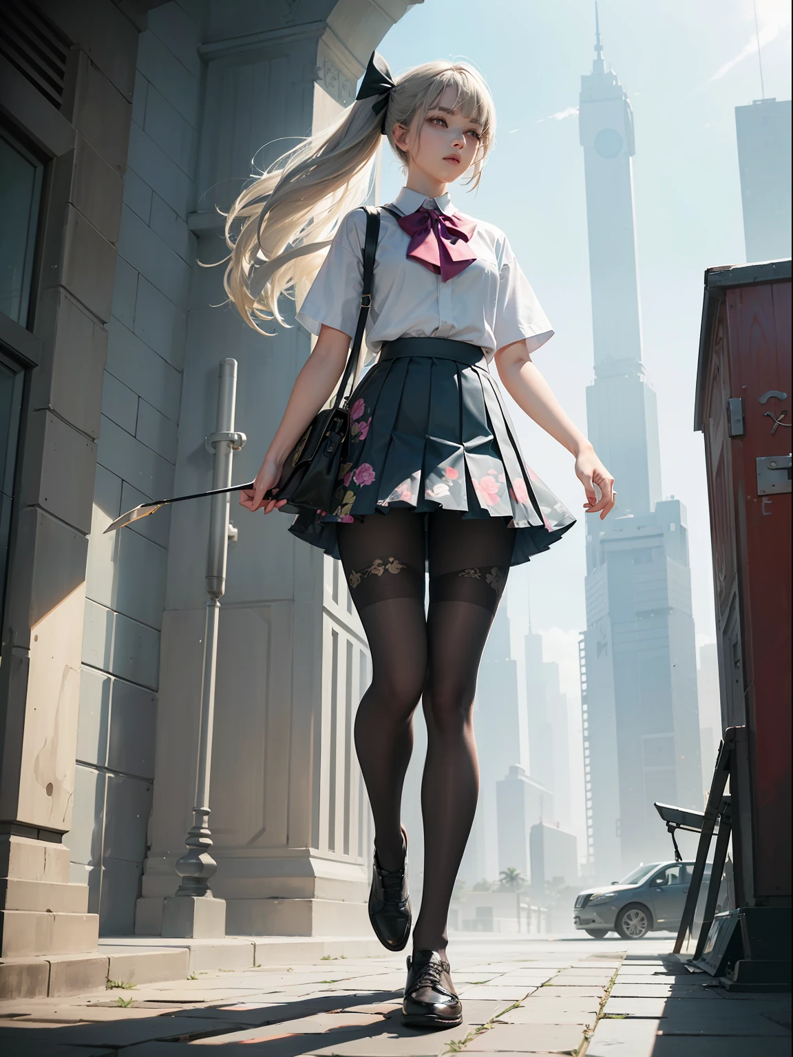 (full body:1.5),(1girl:1.3),(looking at viewer:1.4),(anatomy correct:1.3),(In the paradise of the day:1.3),(Wearing Very thick Printed Pantyhose and Three Kingdoms unparalleled style JK uniform printed pleated skirt and JK uniform leather shoes with bow decoration :1.3), (A high jump posture:1.3),(In pink|amarelo|blue colors|green color|red colour|white colors|black in color|purpleish color|greys|Beige|Flesh color 1.4),,(Accurate and perfect face:1.4),(Clothing Gloss:1.25),(Skin reflection:1.25),hyper HD, Ray traching, reflective light,structurally correct, Award-Awarded, high detal, lightand shade contrast, Face lighting,cinmatic lighting, tmasterpiece, super detailing, high high quality, high detal, best qualityer, 16k,high contrast,