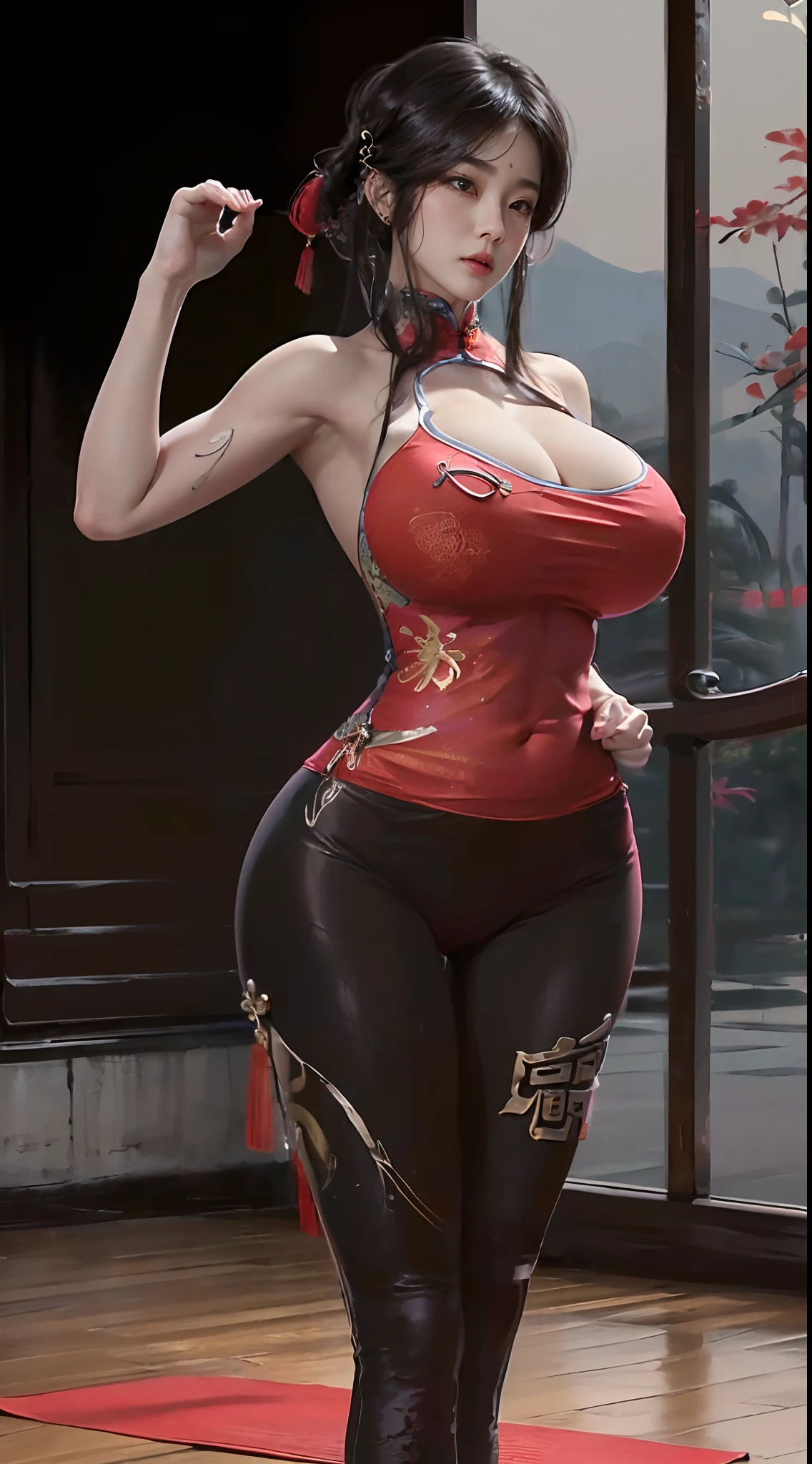 (nsfw:1.5), (Top Quality, 8k, 32k, Masterpiece, UHD:1.2), (chinese:1.5), (solo girl:2.0), walking down dynamic pose, beautiful chinese woman, (hot qipao:1.5), (yoga pants:1.5), full figure, (perfect body:1.5), (huge fake breasts:1.5), (round breasts:1.5), (muscle abs:1.3), (big buttocks:1.2), milf face,