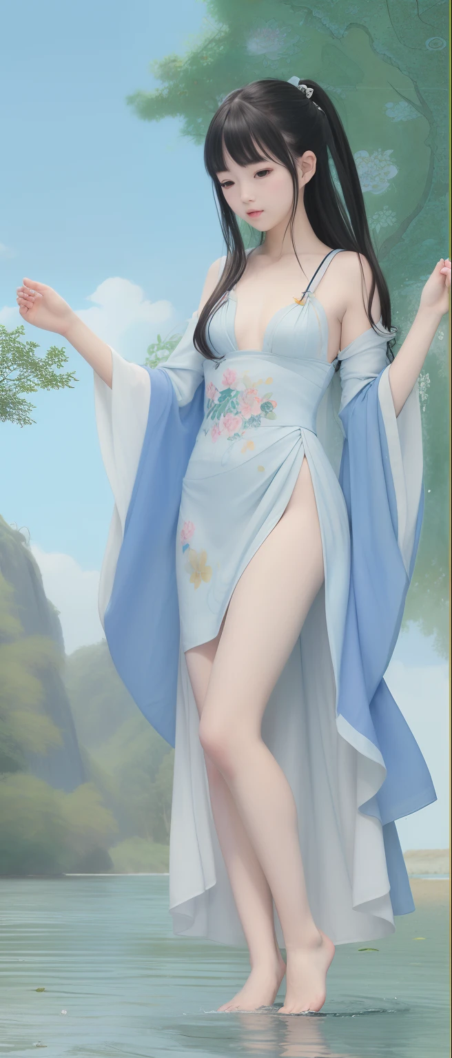 ((4k,masterpiece,best quality)), shuimobysim, Traditional chinese painting, lotuses, maxiskit, Dress conservatively 1girl, solo, blue long hair, ssmile, standing on your feet, Feet in the water, The barefoot,nakeness,Bare chest and