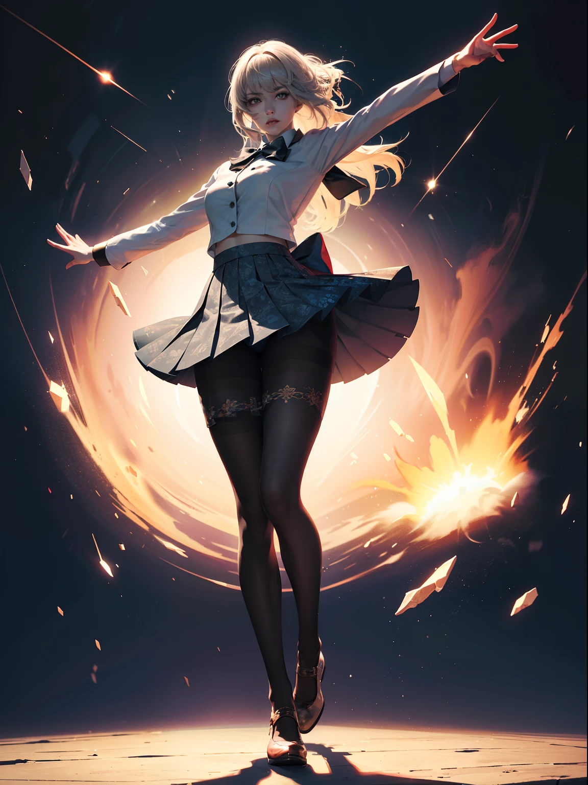 (full body:1.5)，(1girl:1.3),(looking at viewer:1.4)，(anatomy correct:1.3)，(In the paradise of the day:1.3),(Wearing Very thick Printed Pantyhose and Three Kingdoms unparalleled style JK uniform printed pleated skirt and JK uniform leather shoes with bow decoration :1.3), (A high jump posture:1.3),(In pink|amarelo|blue colors|green color|red colour|white colors|black in color|purpleish color|greys|Beige|Flesh color 1.4)，,(Accurate and perfect face:1.4),(Clothing Gloss:1.25),(Skin reflection:1.25),hyper HD, Ray traching, reflective light，structurally correct, Award-Awarded, high detal, lightand shade contrast, Face lighting，cinmatic lighting, tmasterpiece, super detailing, high high quality, high detal, best qualityer, 16k，high contrast,