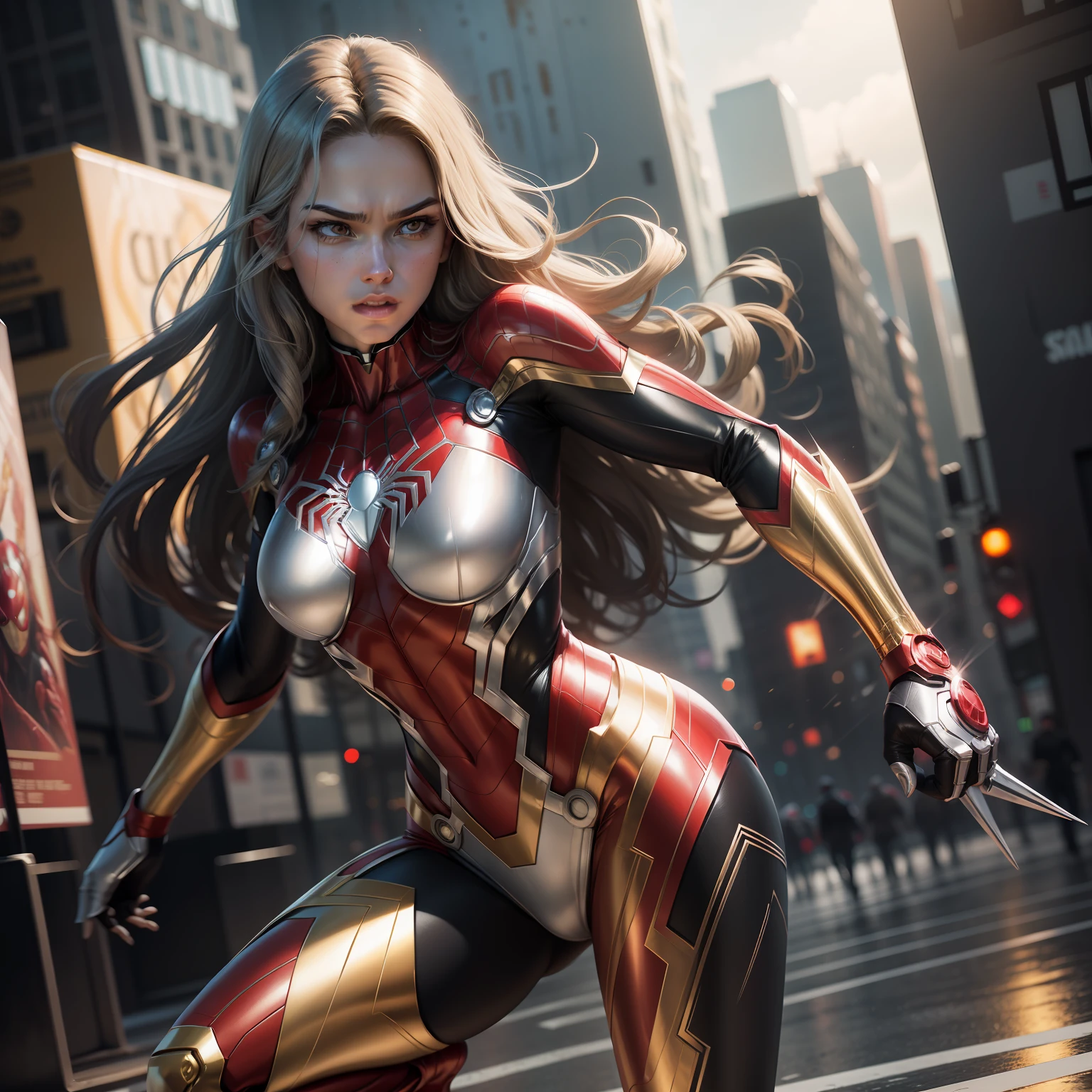spiderwoman real face Gold and silver suit 18year old Only one person Variety of poses Realistic depiction Photoquality No blurring combat scene ironman (((4 red metal legs))) (sharp fingers:5-Fingers)