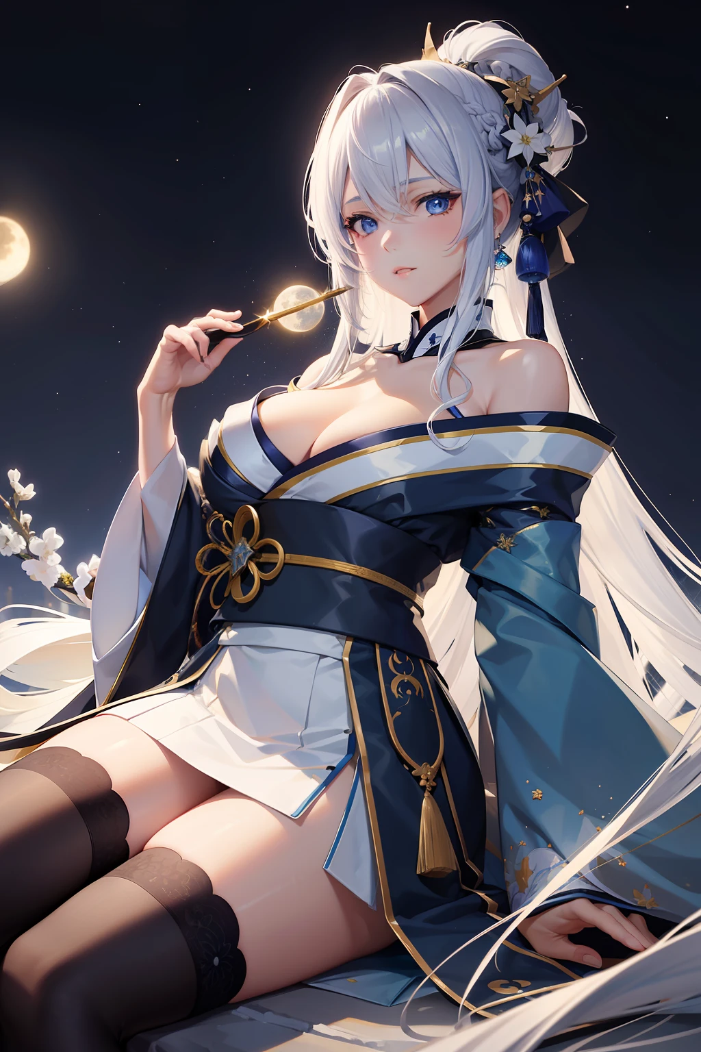starryskybackground，big breasts beautiful， A la Fed woman in kimono， In the crystal and ice zone， drifting snow， Gradient hair， White hair， blue hairs， long whitr hair， eyes reflection， Ray traching， reflective light， bblurry， Glowing light， depth of fields， lightand shade contrast， stereograms， zoom layer， Bokeh， tmasterpiece， best qualtiy， high qulity， k hd，Beautiful Meticulous Girl，Beautiful detail glow，komono，seductiv，[Sexy 0.9]，8K，themoon，Moon in the background，Moon in the background，Black stockings，starryskybackground，in a kimono。