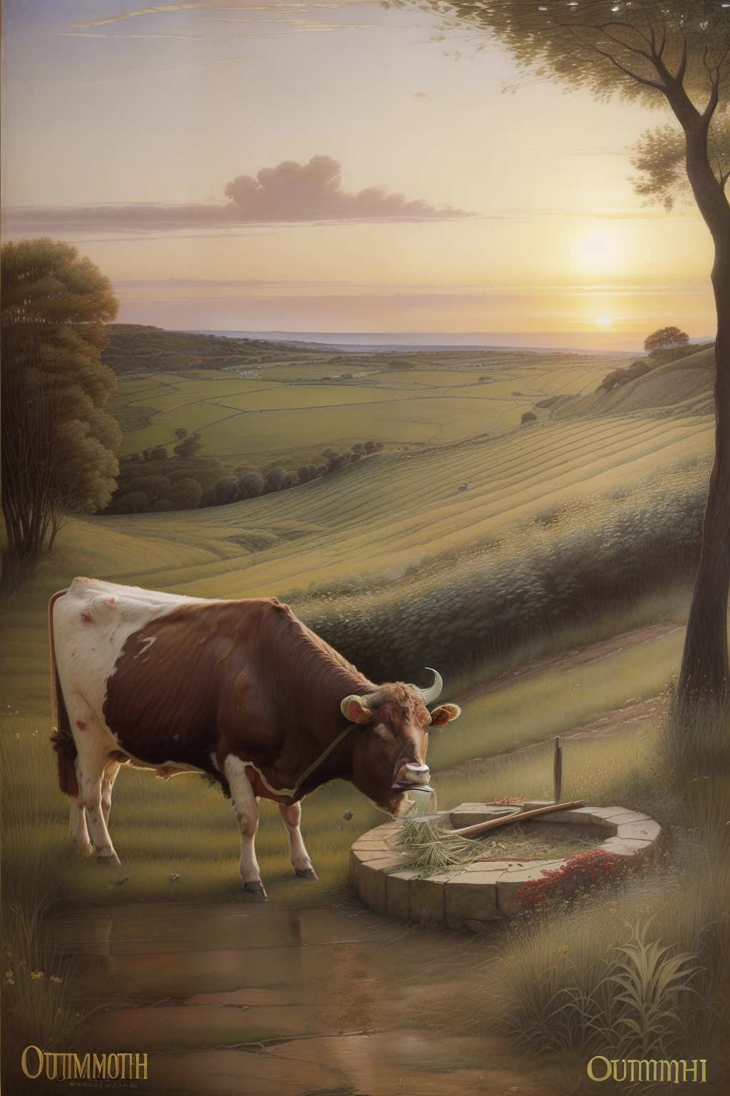 (((Pre-Raphaelite painting of a cattle ruminating herbs, capim vermelho, outono, por do sol, vaca vermelha)))