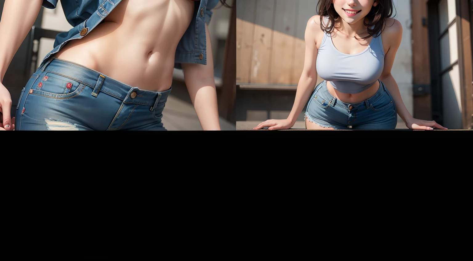 Girl posing for photo in t-shirt and tight denim、full bodyesbian,Street attire,Slim body,Smaller bust,Slim girl model,24 years old female model, grinning smile, eyeslashes, Realistic depth of field