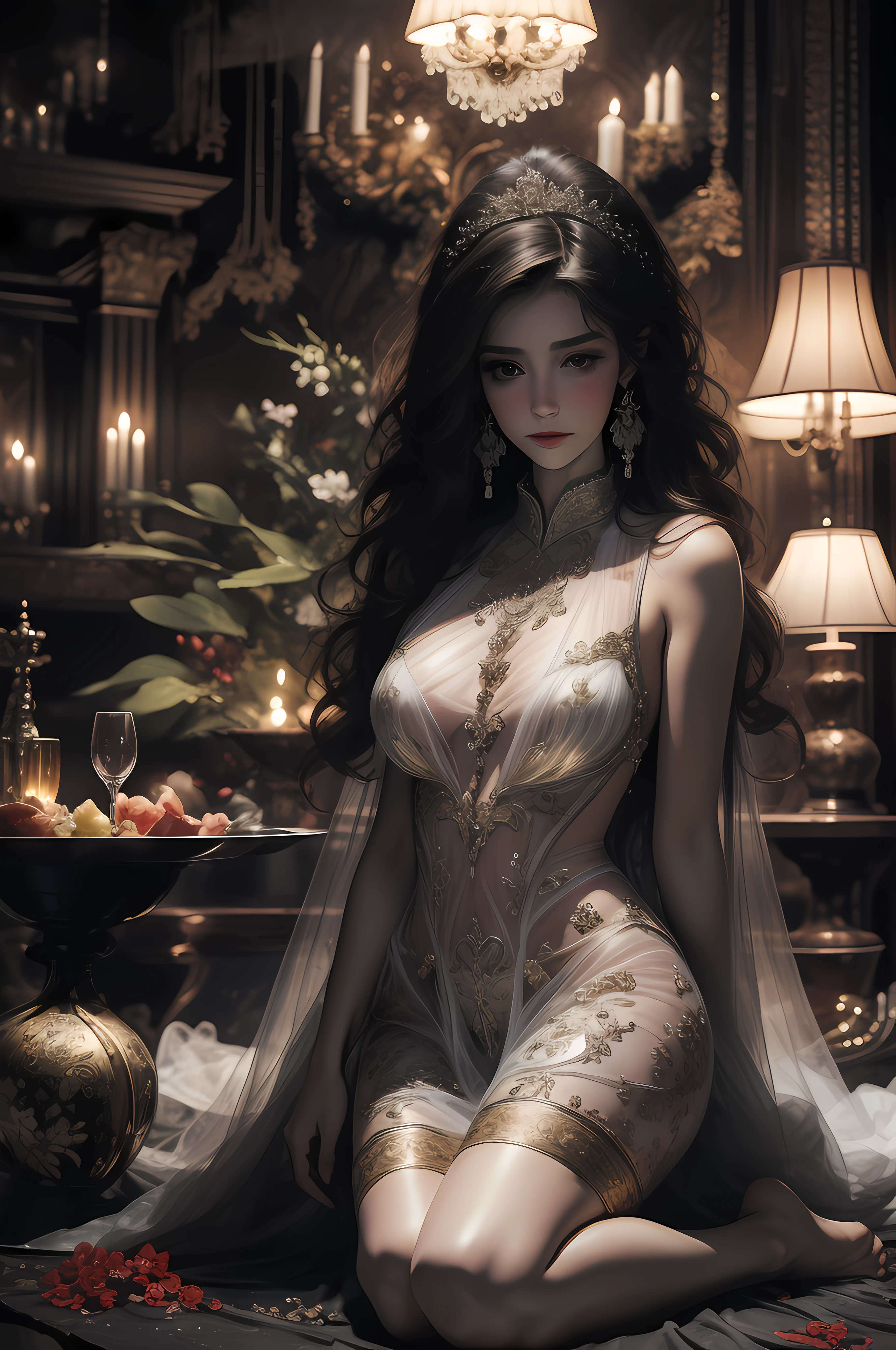 （Enrich the picture，Masterpiece level quality）Beautiful 8K CG artwork，Goddess-like posture，Kneeling exercise，Slim and soft，Translucent skin，brunette color hair、Medium-long hair and messy hair blend beautifully，The skin is fair and juicy，Big breasts uniform，Perspective Part 1.2x enhanced silhouette effect，Pajamas are delicate and transparent，The details are intricate and exquisite，The background is slightly blurred，Charming and lustful leg seduction，Drool。